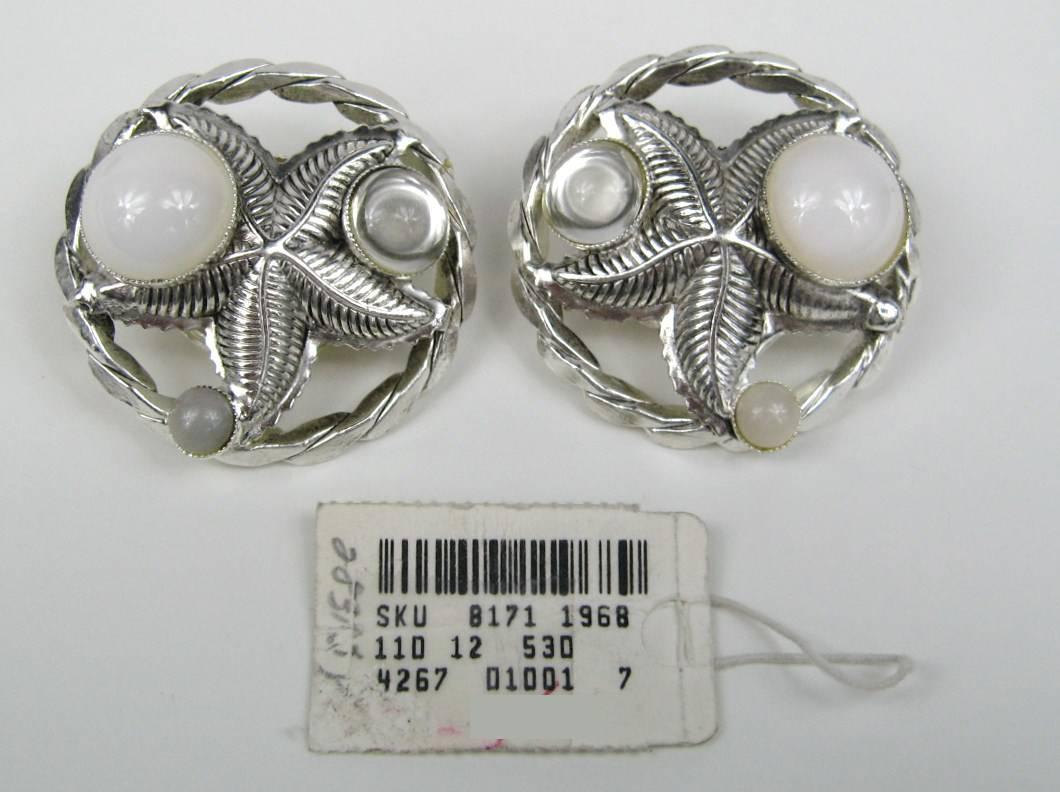 Women's  Philippe Ferrandis Earrings Glass Cabochons Silver Starfish, Never Worn - 1990s For Sale