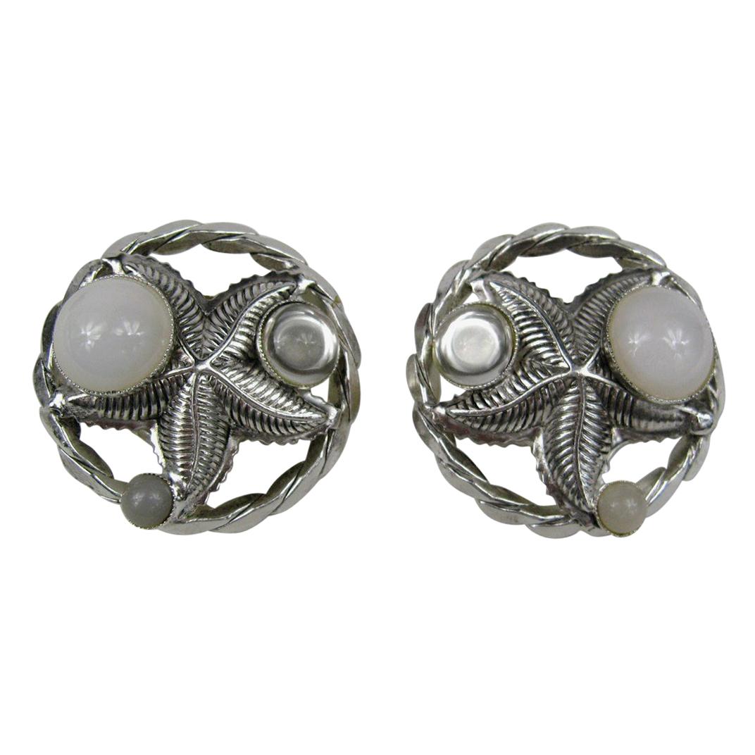  Philippe Ferrandis Earrings Glass Cabochons Silver Starfish, Never Worn - 1990s For Sale