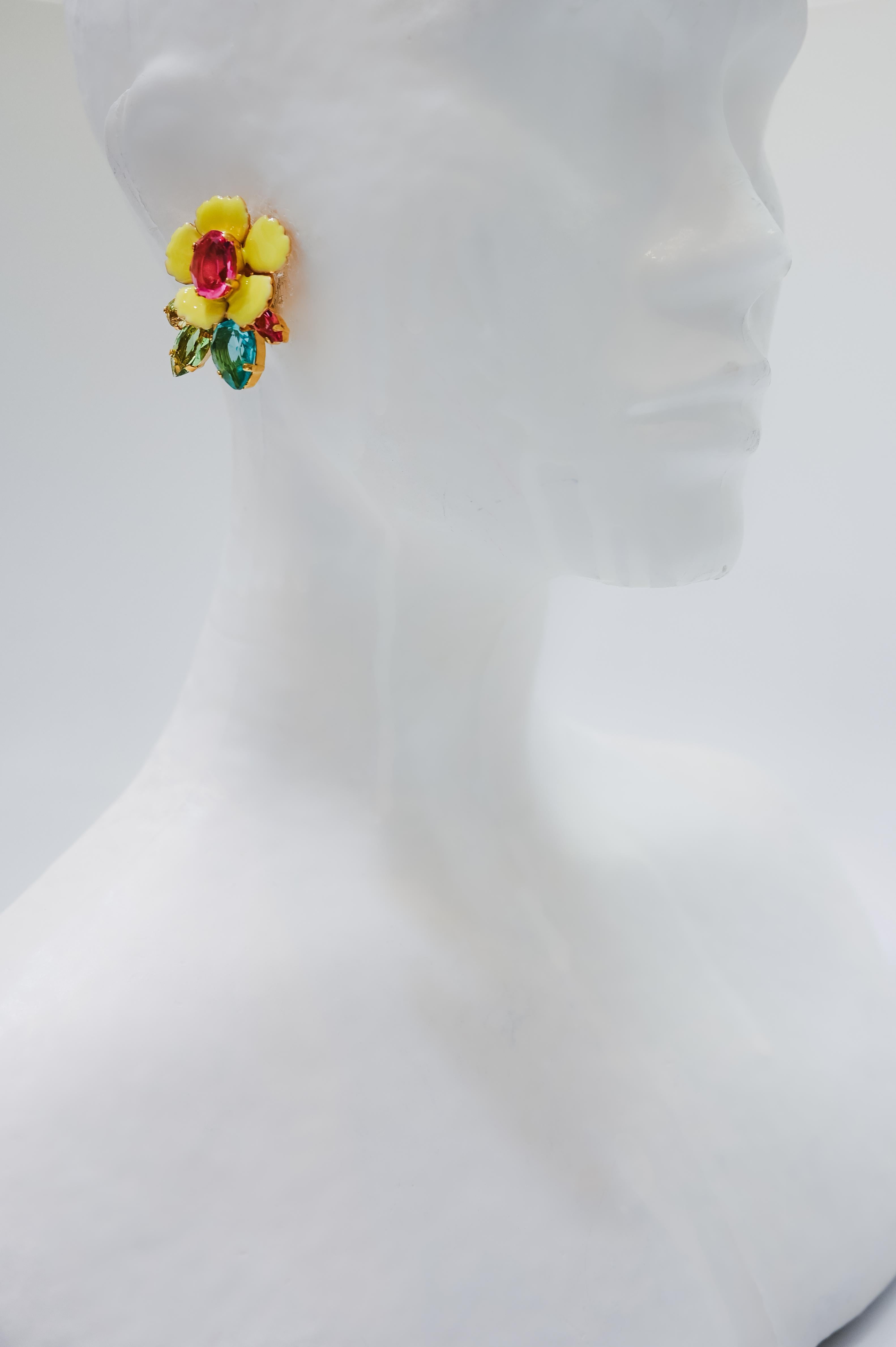 Philippe Ferrandis Enamel Flower Clip Earrings  In New Condition In Virginia Beach, VA