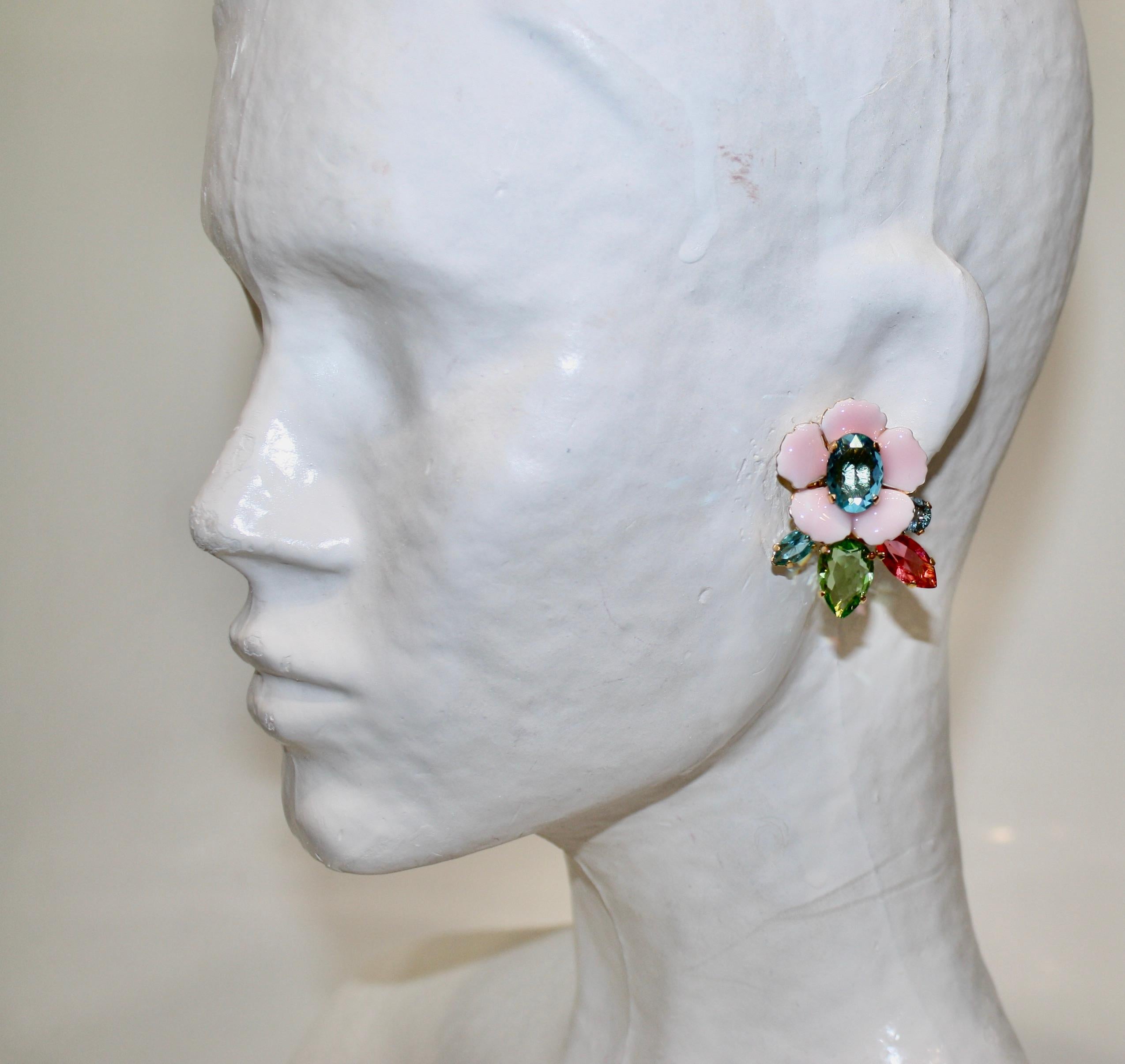 Artist Philippe Ferrandis Enamel Flower Clip Earrings  For Sale
