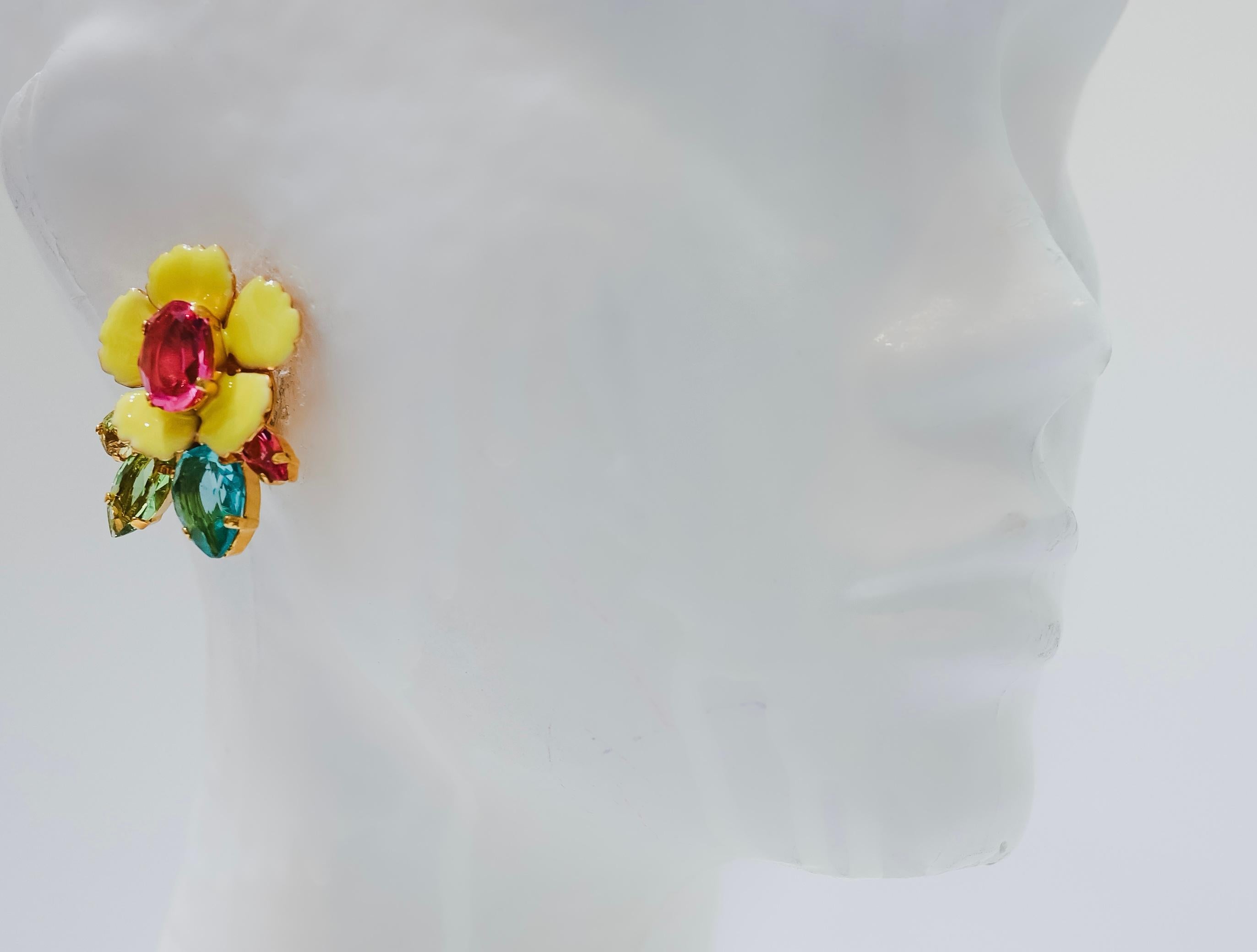 Women's or Men's Philippe Ferrandis Enamel Flower Clip Earrings 