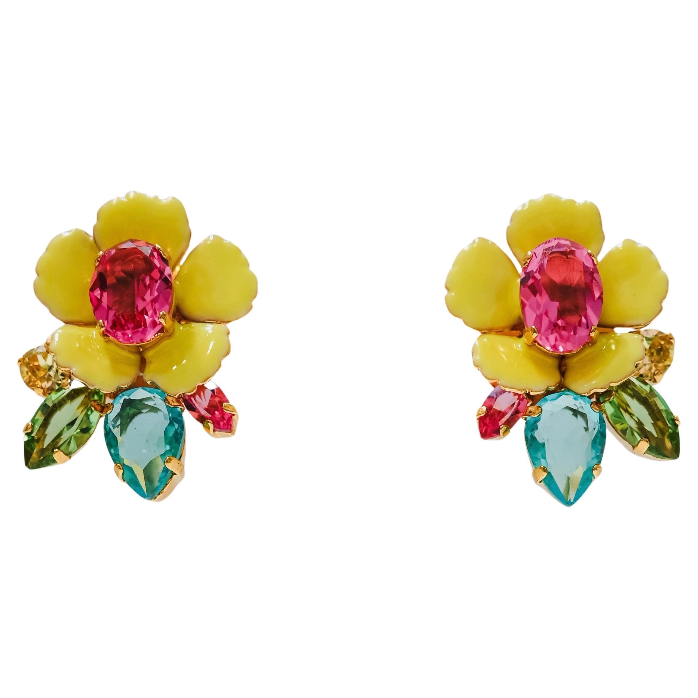Philippe Ferrandis Enamel Flower Clip Earrings 