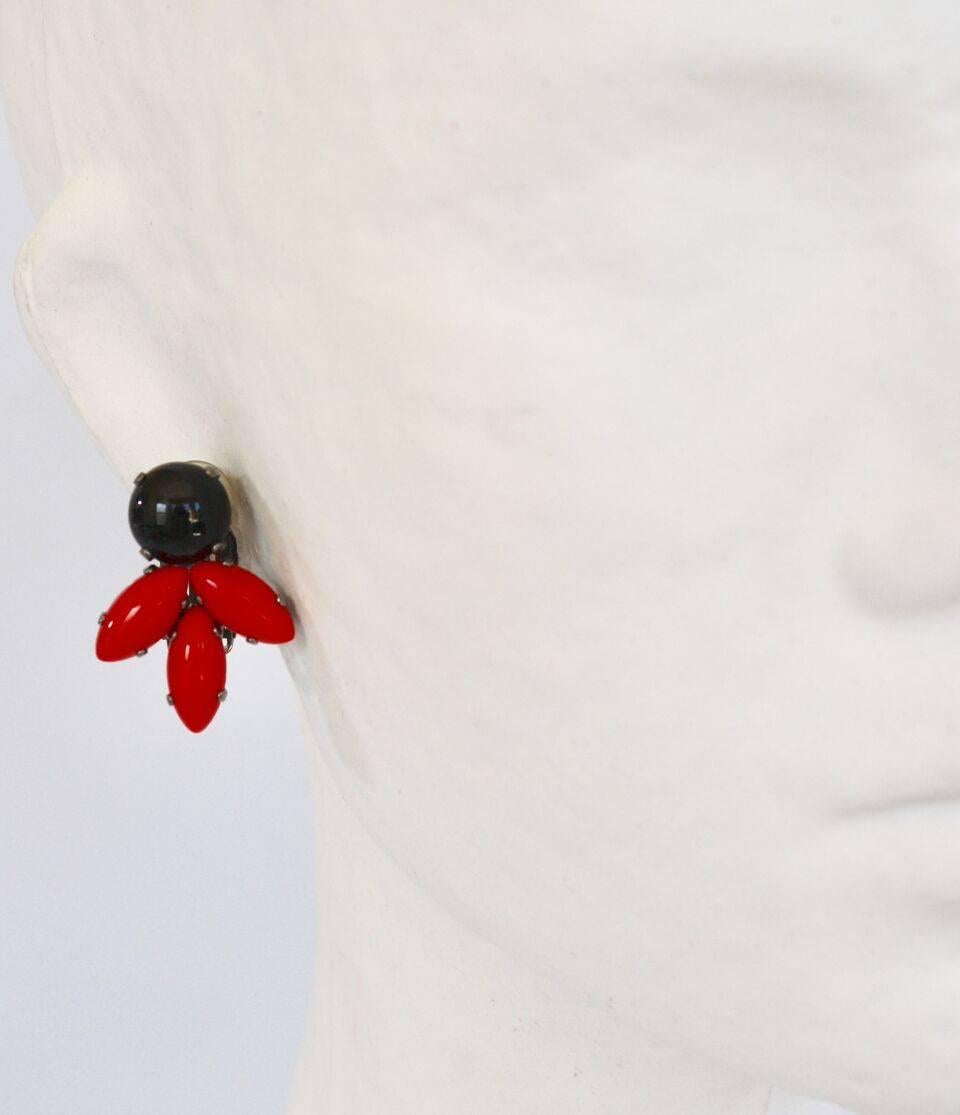 Black and red glass cabochon clip earrings from Philippe Ferrandis for Jacques Fath. Pairs perfectly with the Vanda Jacintho red resin link necklace. 