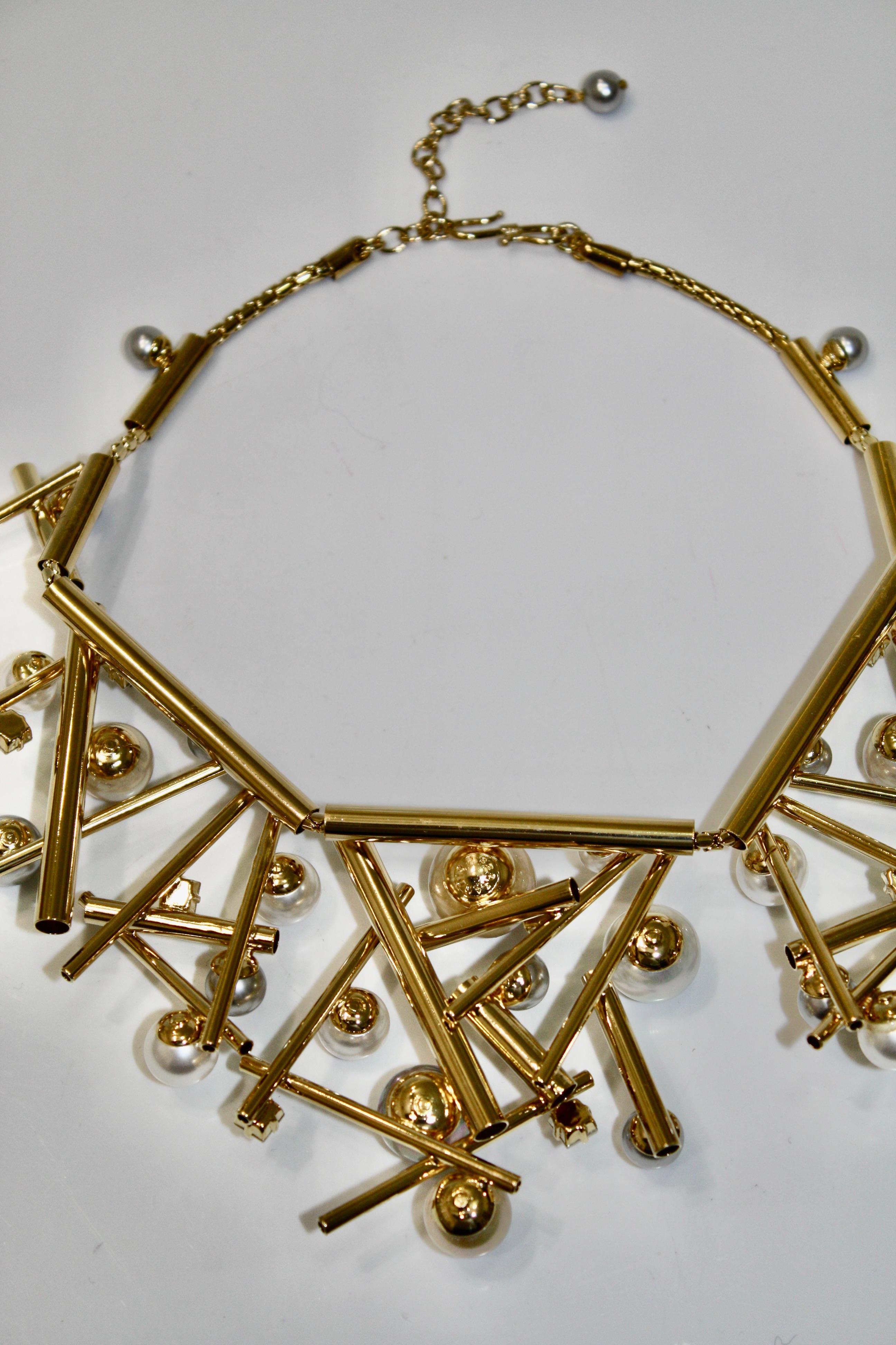 Modern Philippe Ferrandis Geometric Gold and Pearl Choker