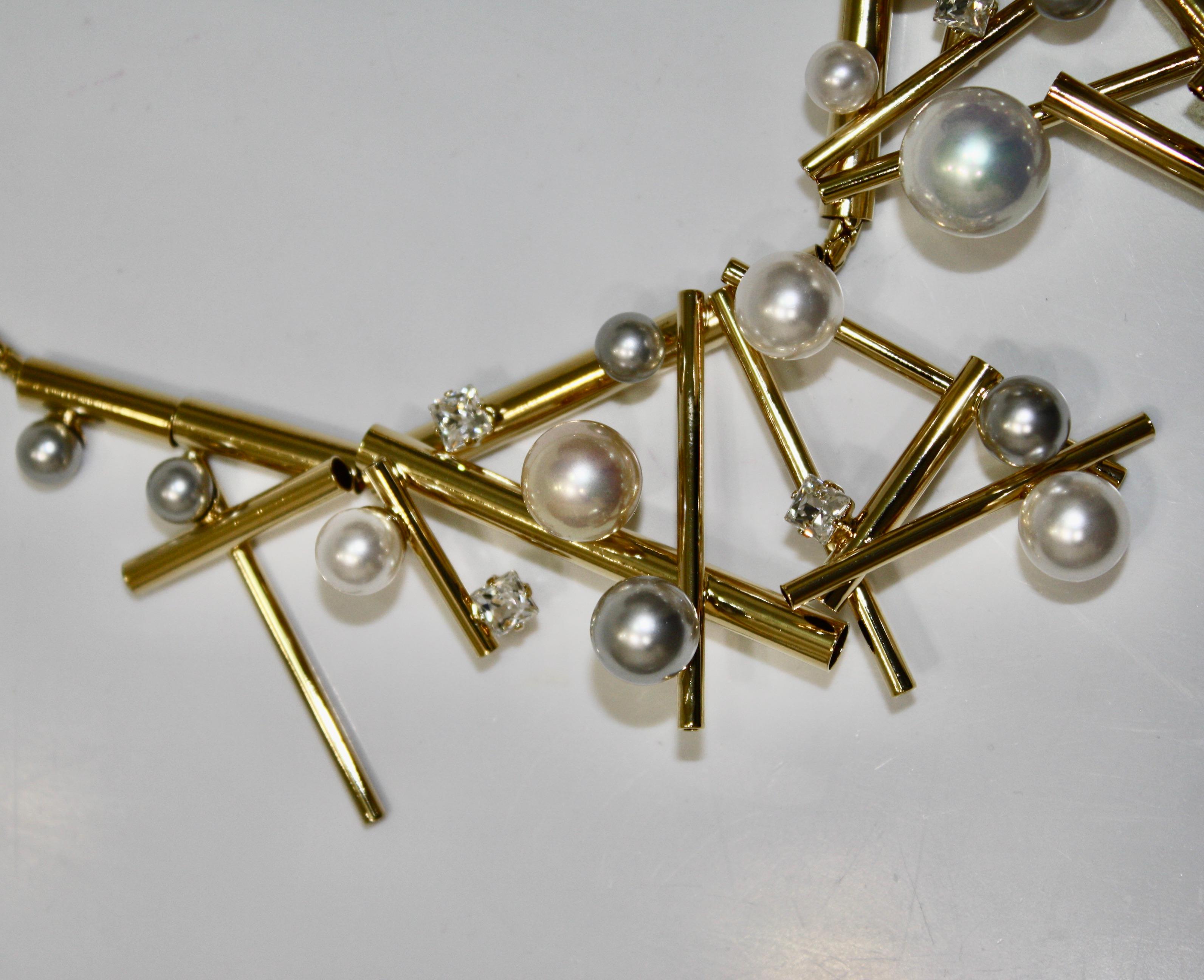 Women's or Men's Philippe Ferrandis Geometric Gold and Pearl Choker