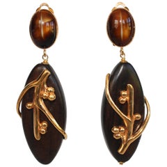 Philippe Ferrandis Gilded Brass, Ebony Wood, and Glass Cabochons Clips