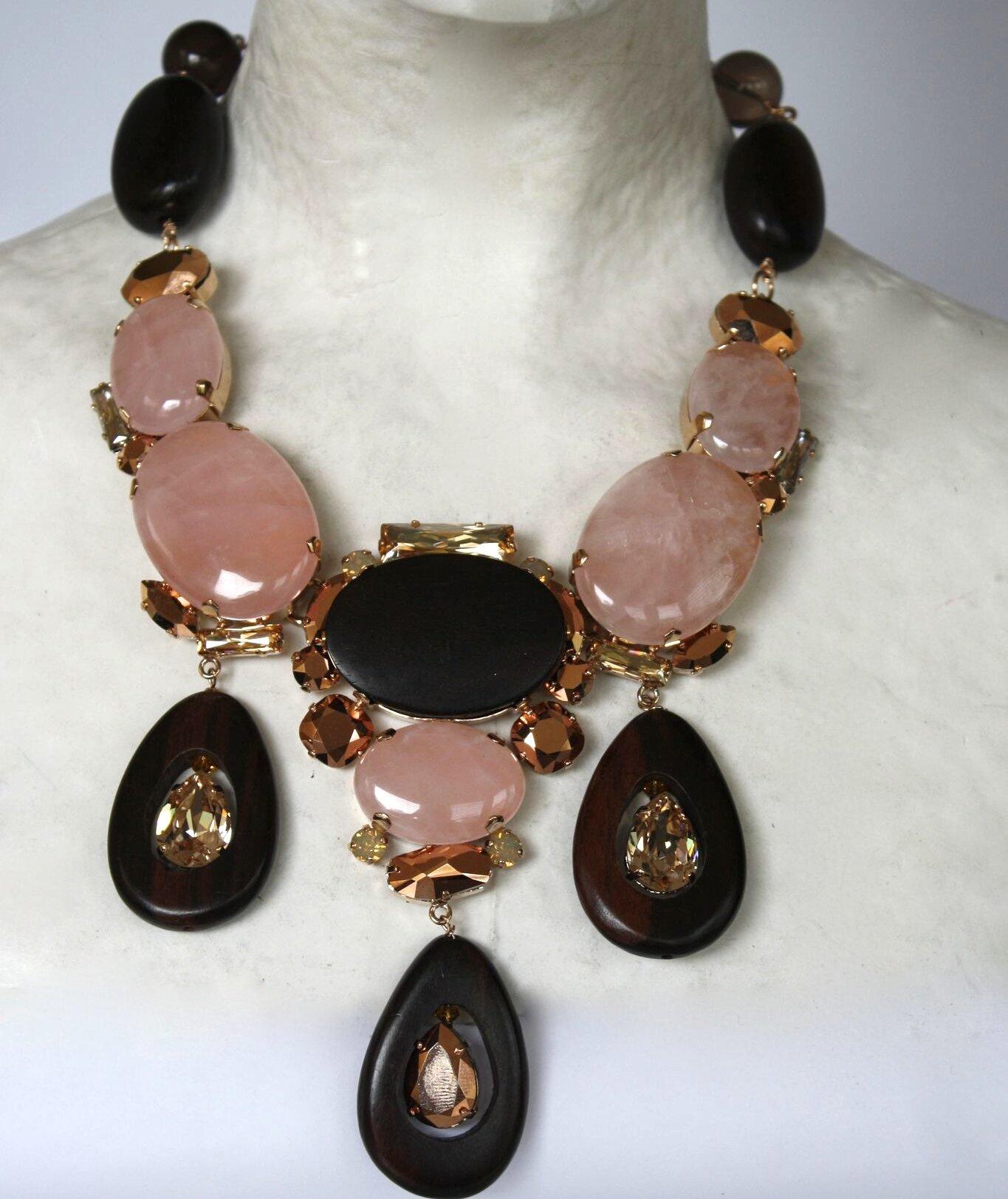 Philippe Ferrandis Glass and Wood Triple Drop Necklace In New Condition In Virginia Beach, VA