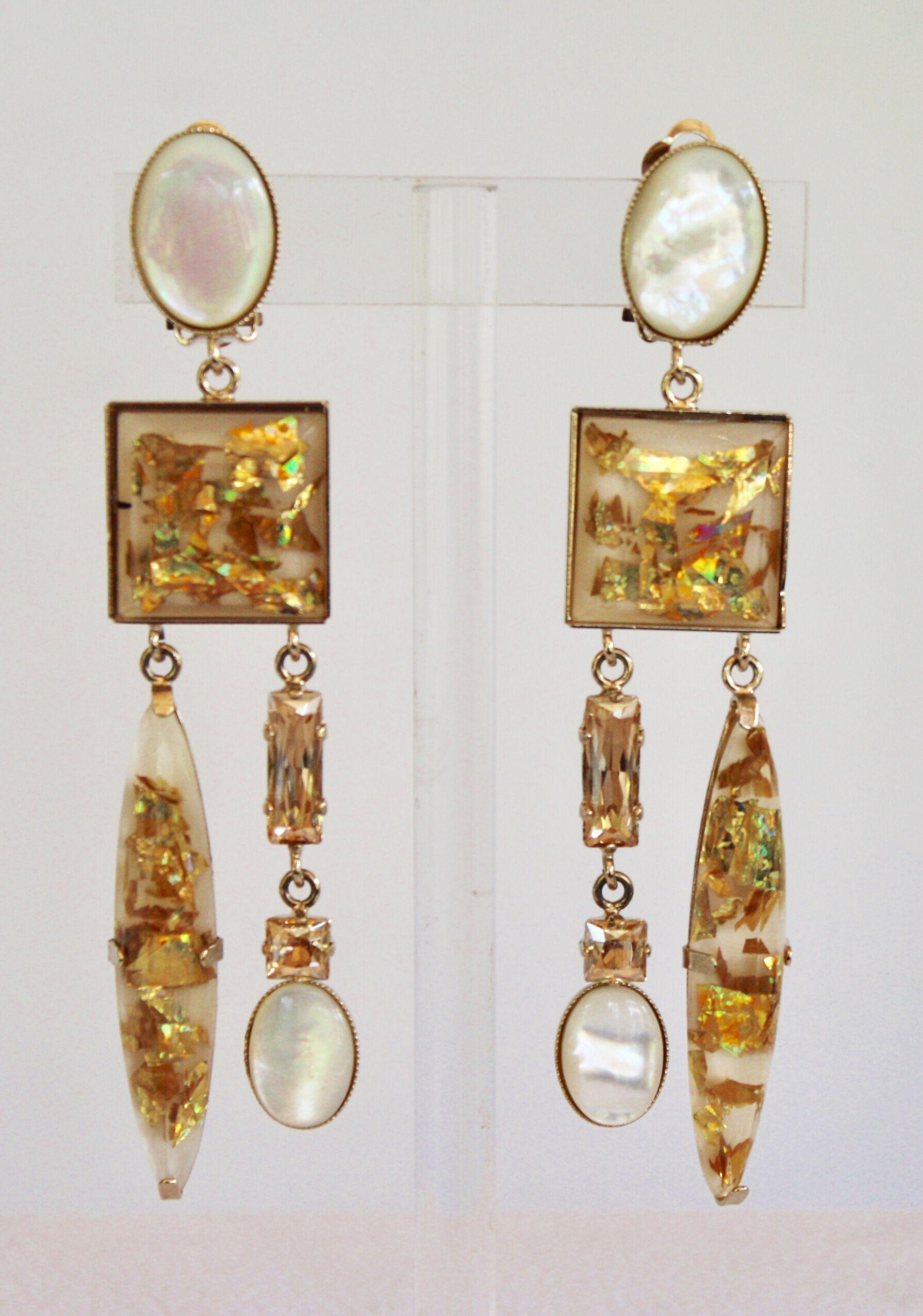 Philippe Ferrandis Glass Cabochon and Crystal Statement Clips In New Condition In Virginia Beach, VA
