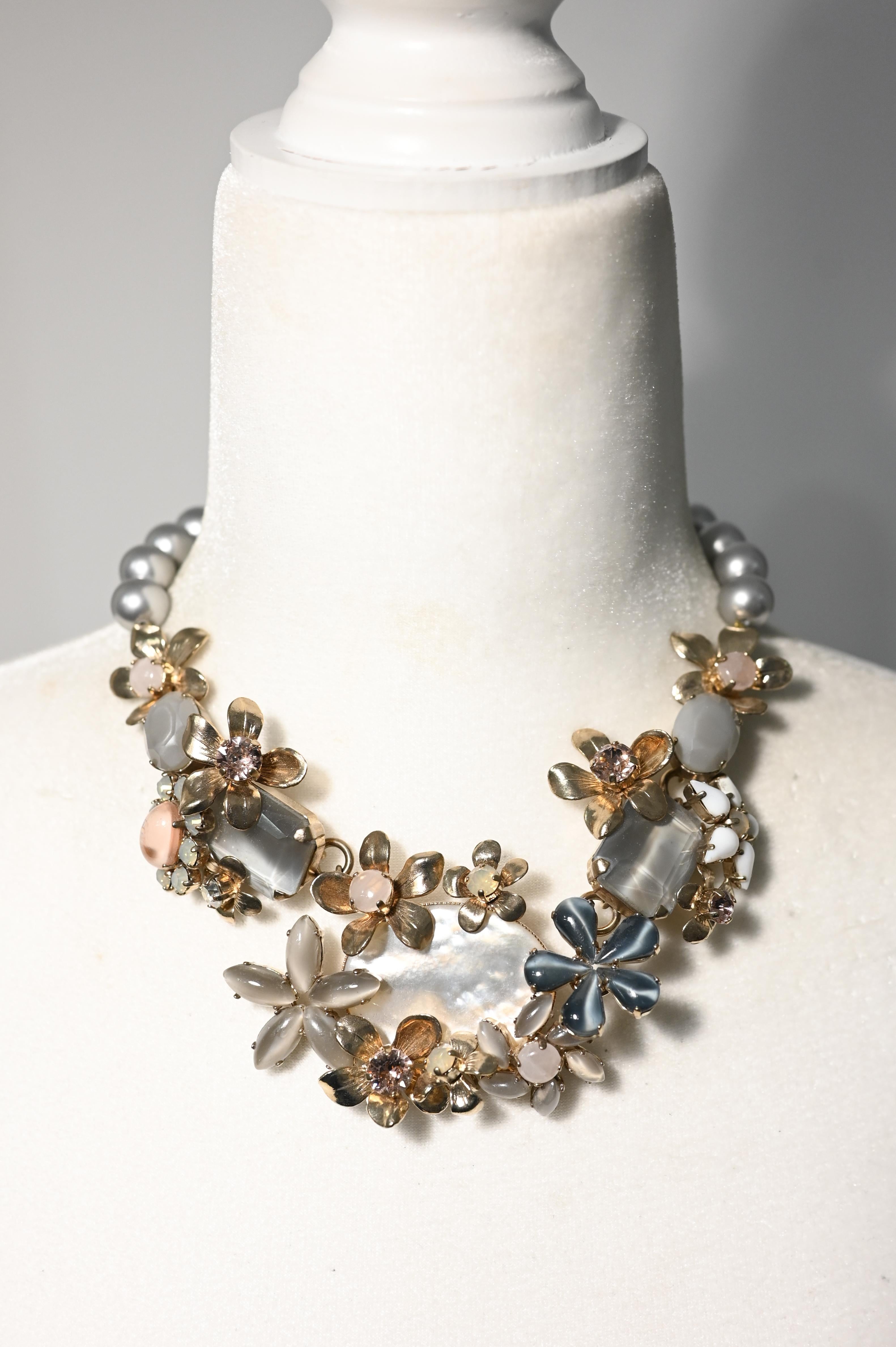 Artist Philippe Ferrandis Glass Pearl and Crystal Floral Motif Necklace For Sale