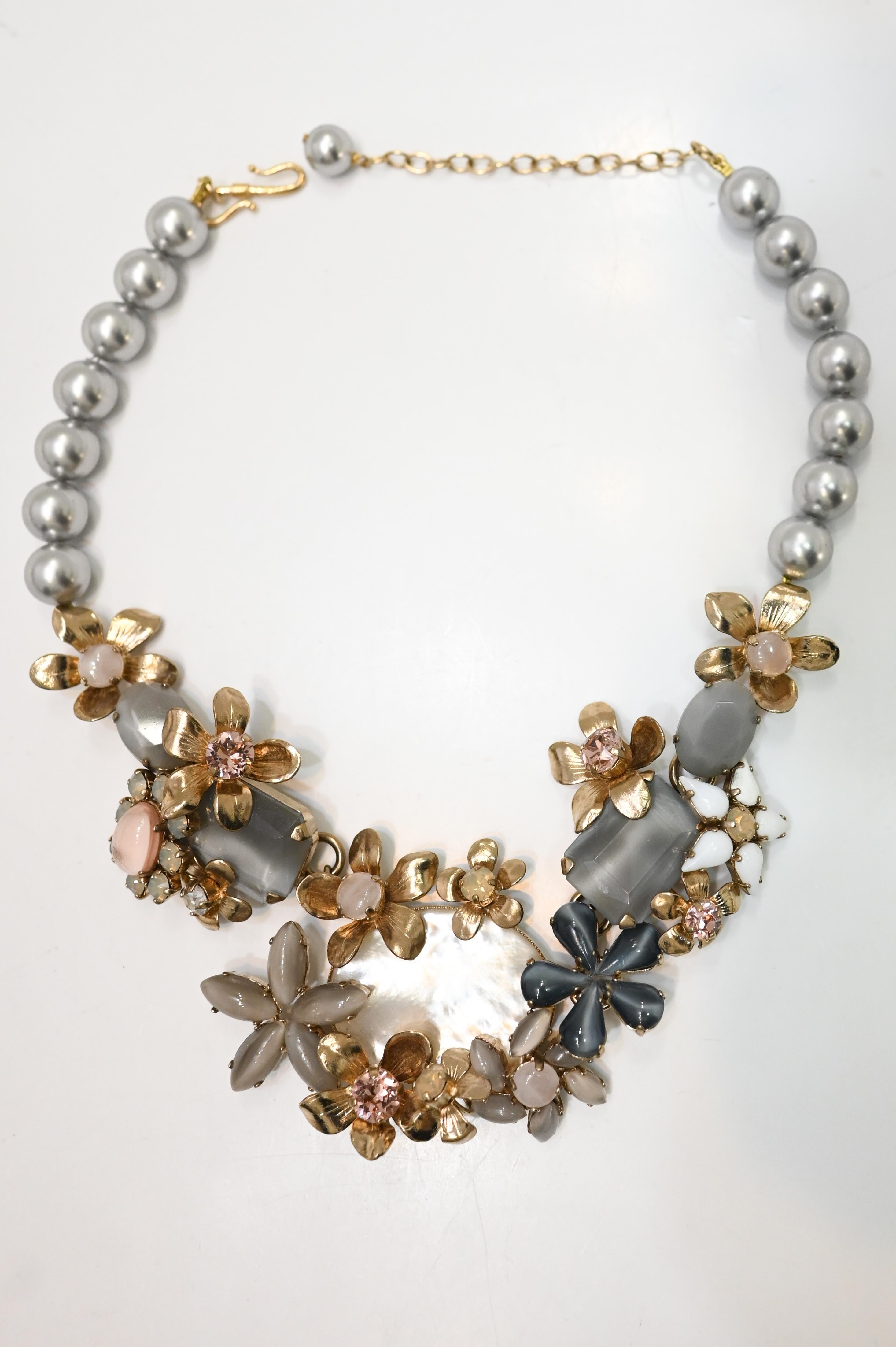 Philippe Ferrandis Glass Pearl and Crystal Floral Motif Necklace For Sale 1