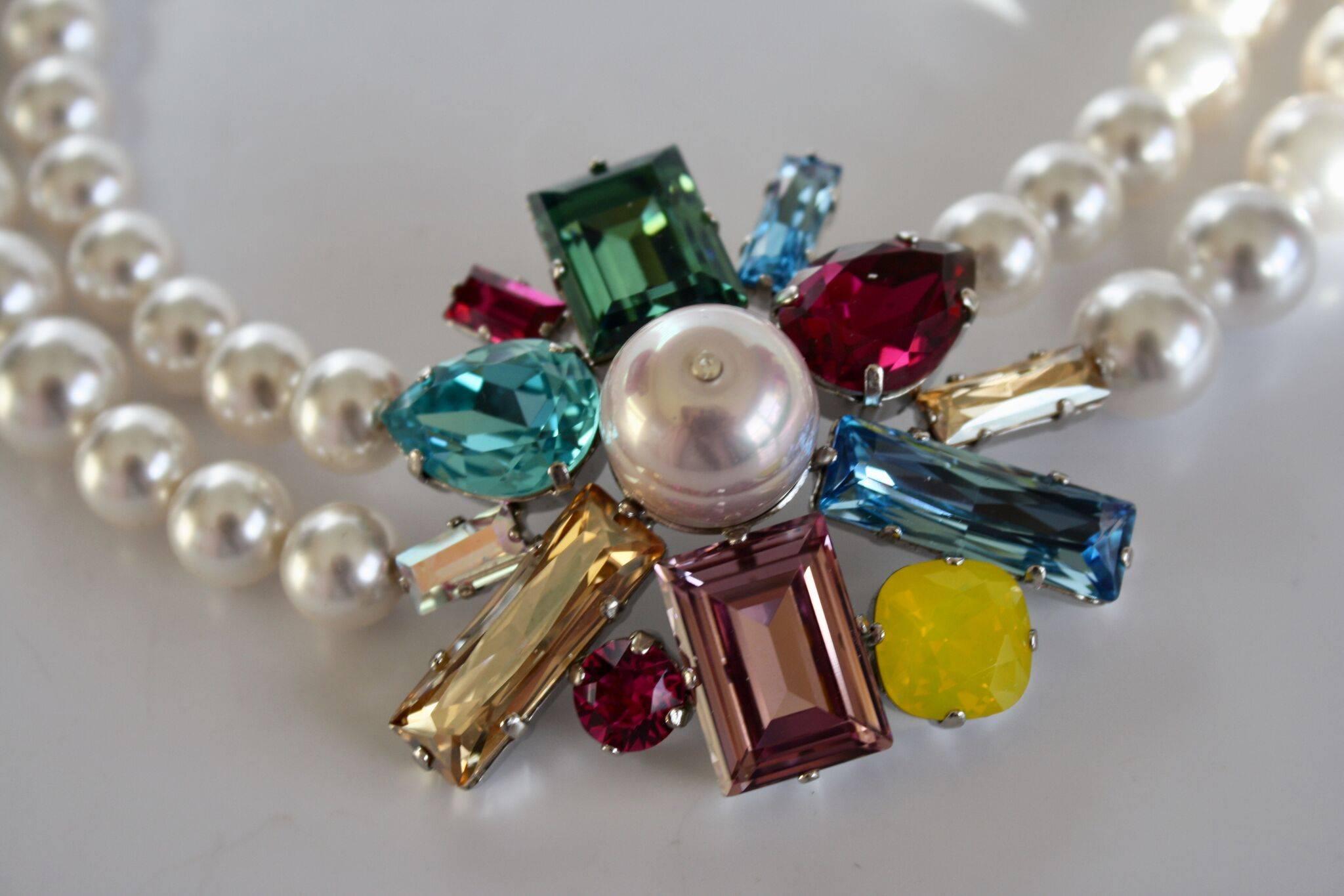 Philippe Ferrandis Glass Pearl and Swarovski Crystal Arlequin Necklace In New Condition In Virginia Beach, VA