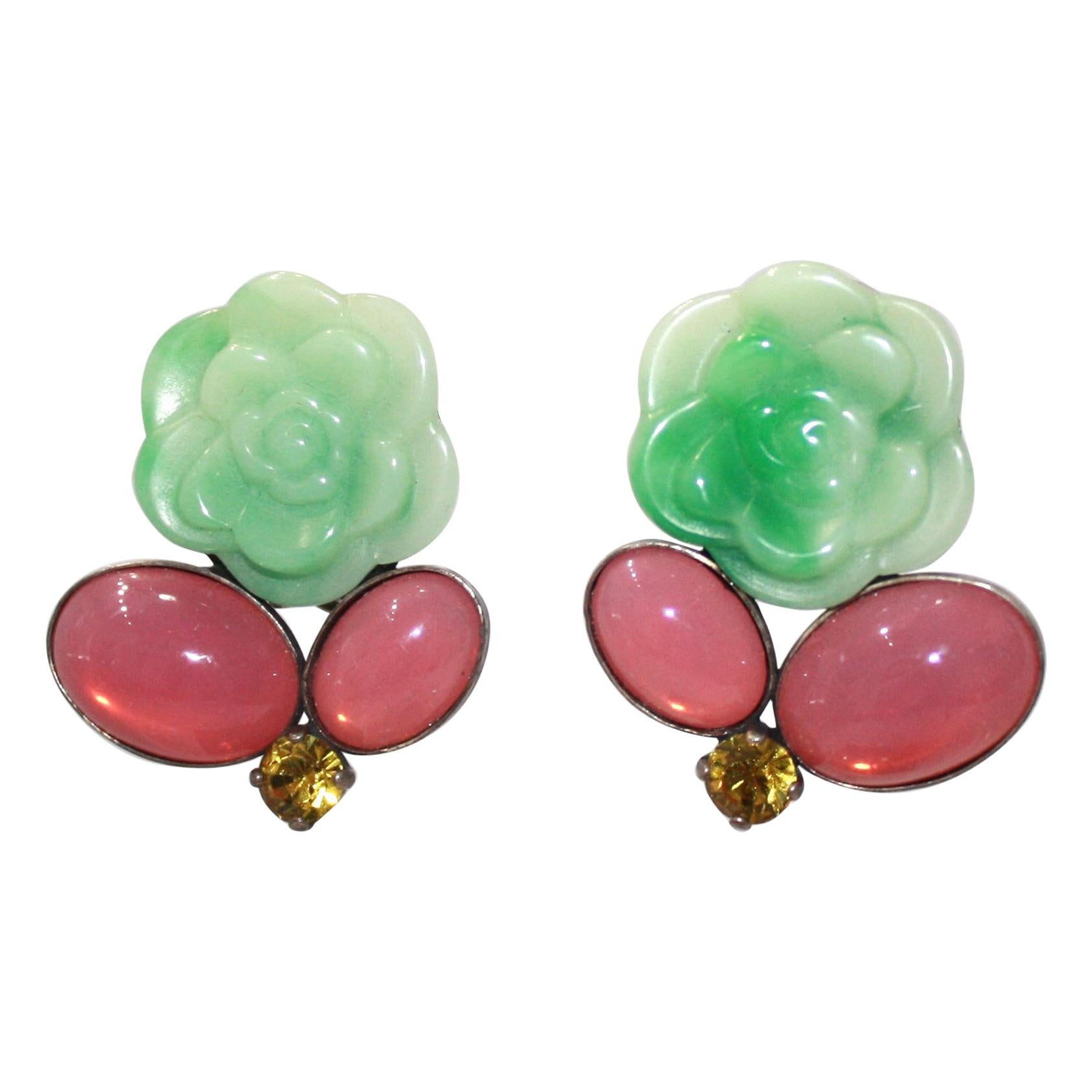 Philippe Ferrandis Green Flower Clip earrings