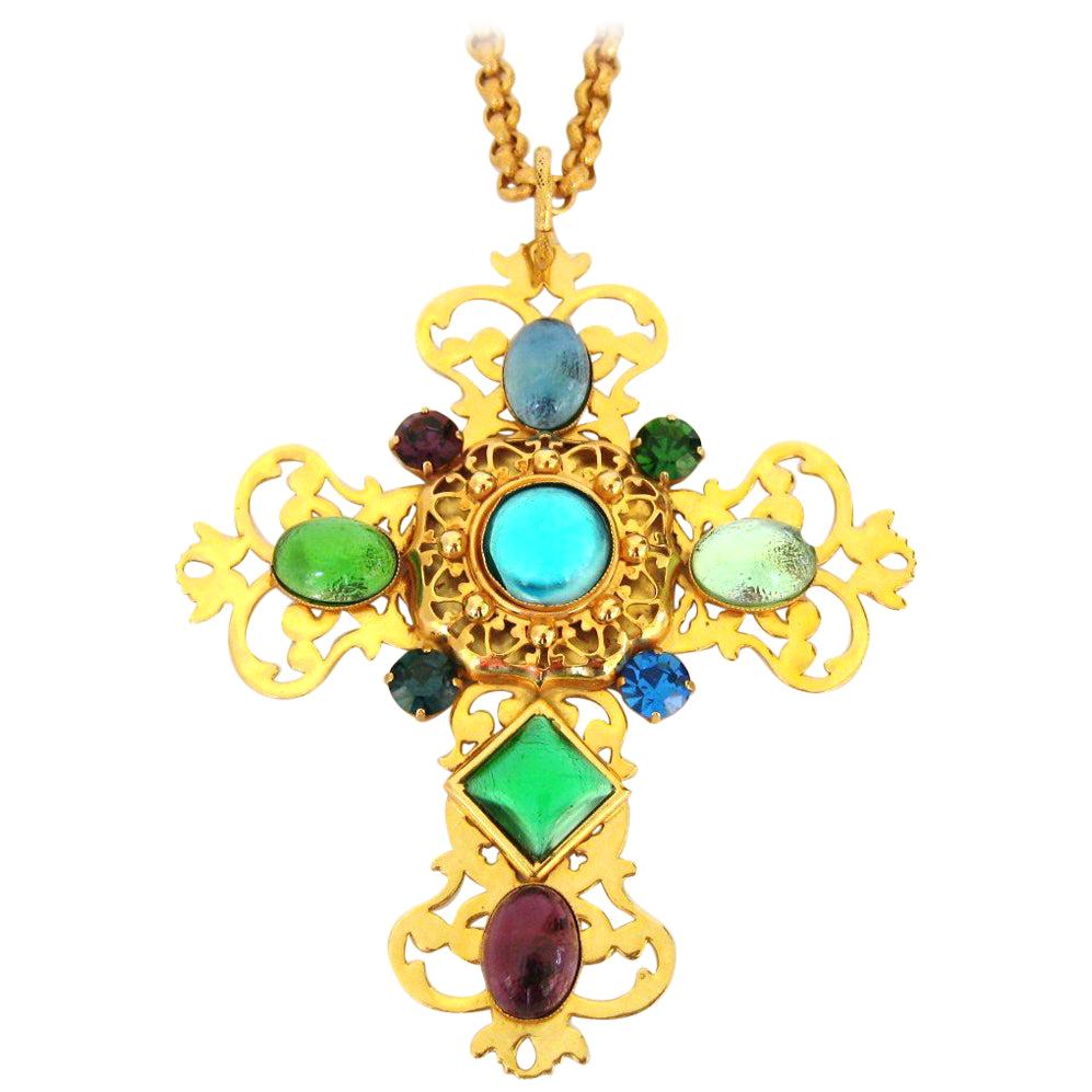 Philippe Ferrandis Gripoix Glass Cross Necklace, Never Worn 1990s  For Sale