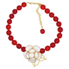 Philippe Ferrandis Gripoix White Mother Pearl Camellia Flower Red Bead Necklace