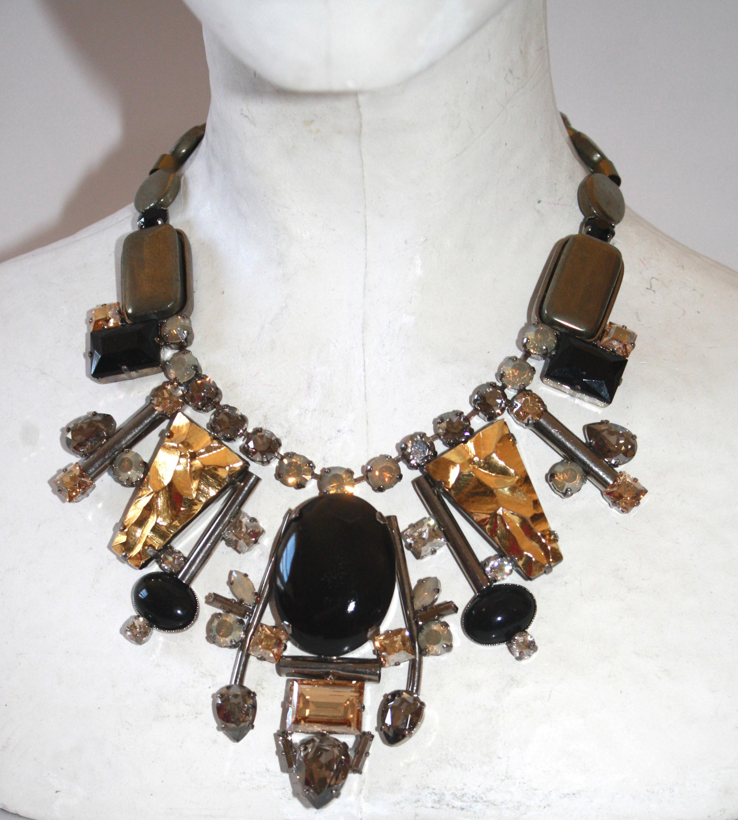 Philippe Ferrandis handmade glass, pyrite, Swarovski crystal, embossed gold and stainless steel necklace. 