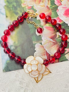 Philippe Ferrandis Iconic Gripoix White Pearl Camellia Beads Red Flower Necklace