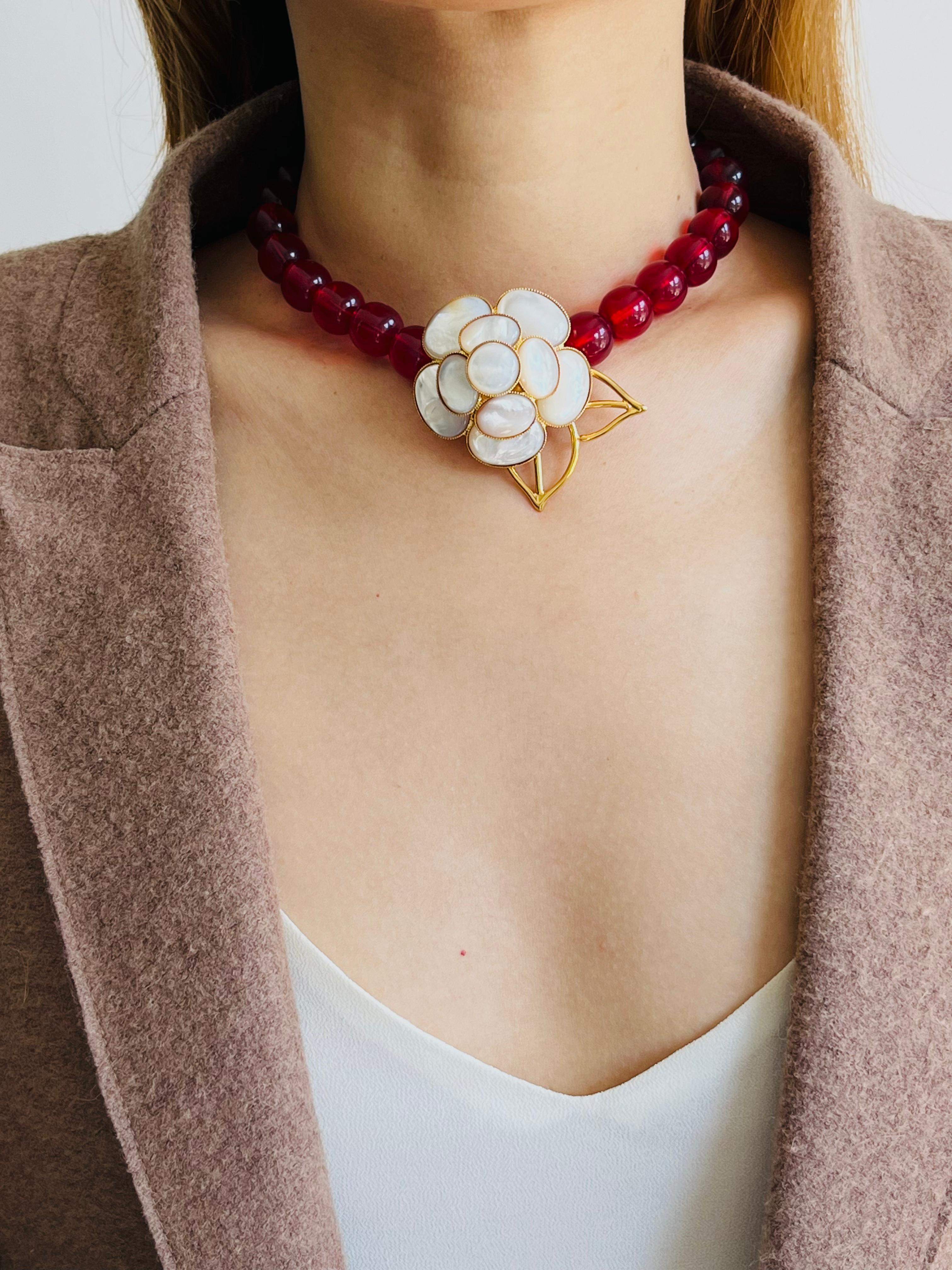 Philippe Ferrandis Iconic Gripoix White Pearl Camellia Beads Red