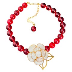 Philippe Ferrandis Iconic Gripoix White Pearl Camellia Beads Red Flower Necklace