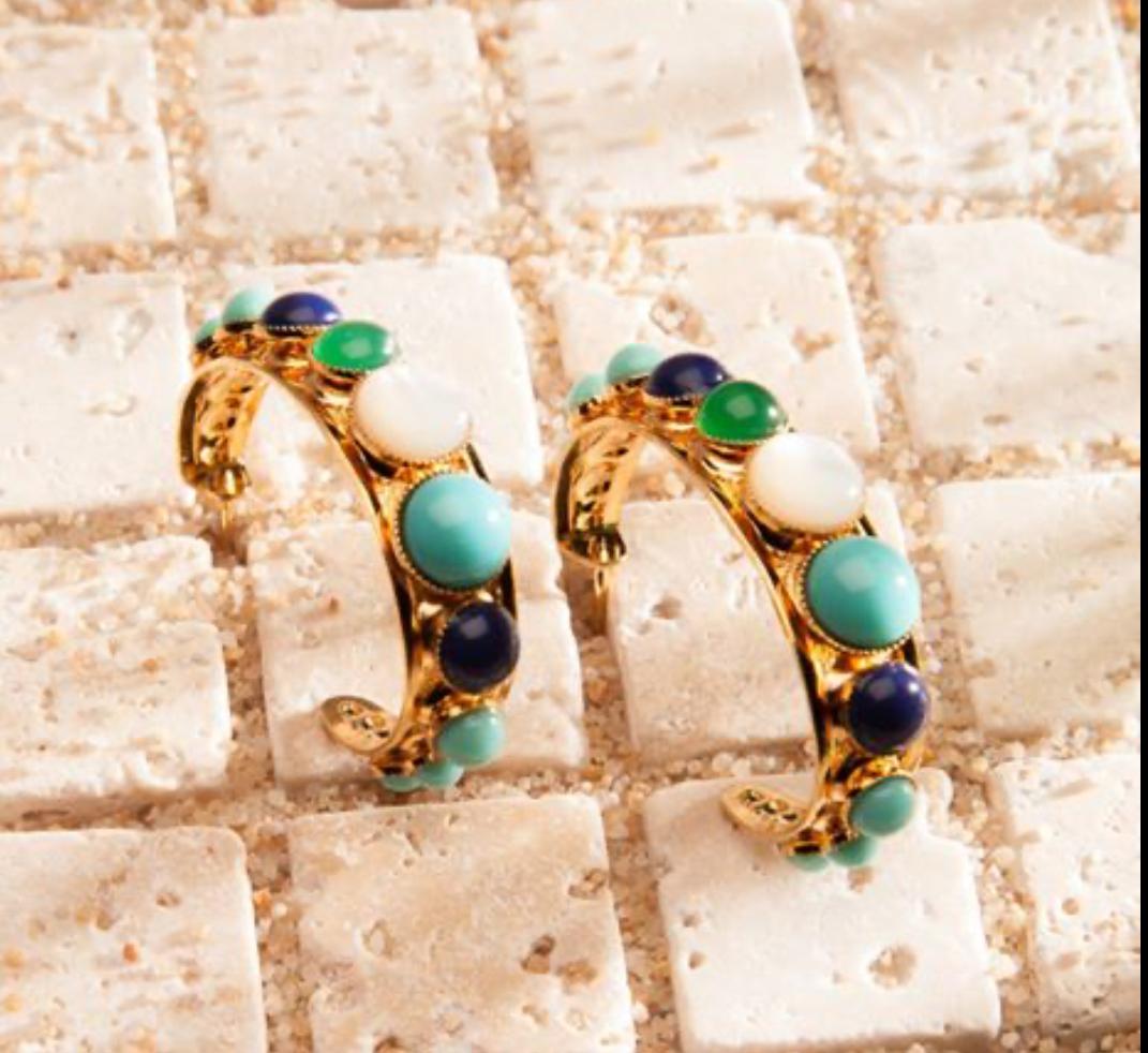 Copper gilded with thin 24 karat gold.  Lapis lazuli cabochons, reconstituted turquoise, and pate de verre glass paste. From Philippe Ferrandis Paris. 
