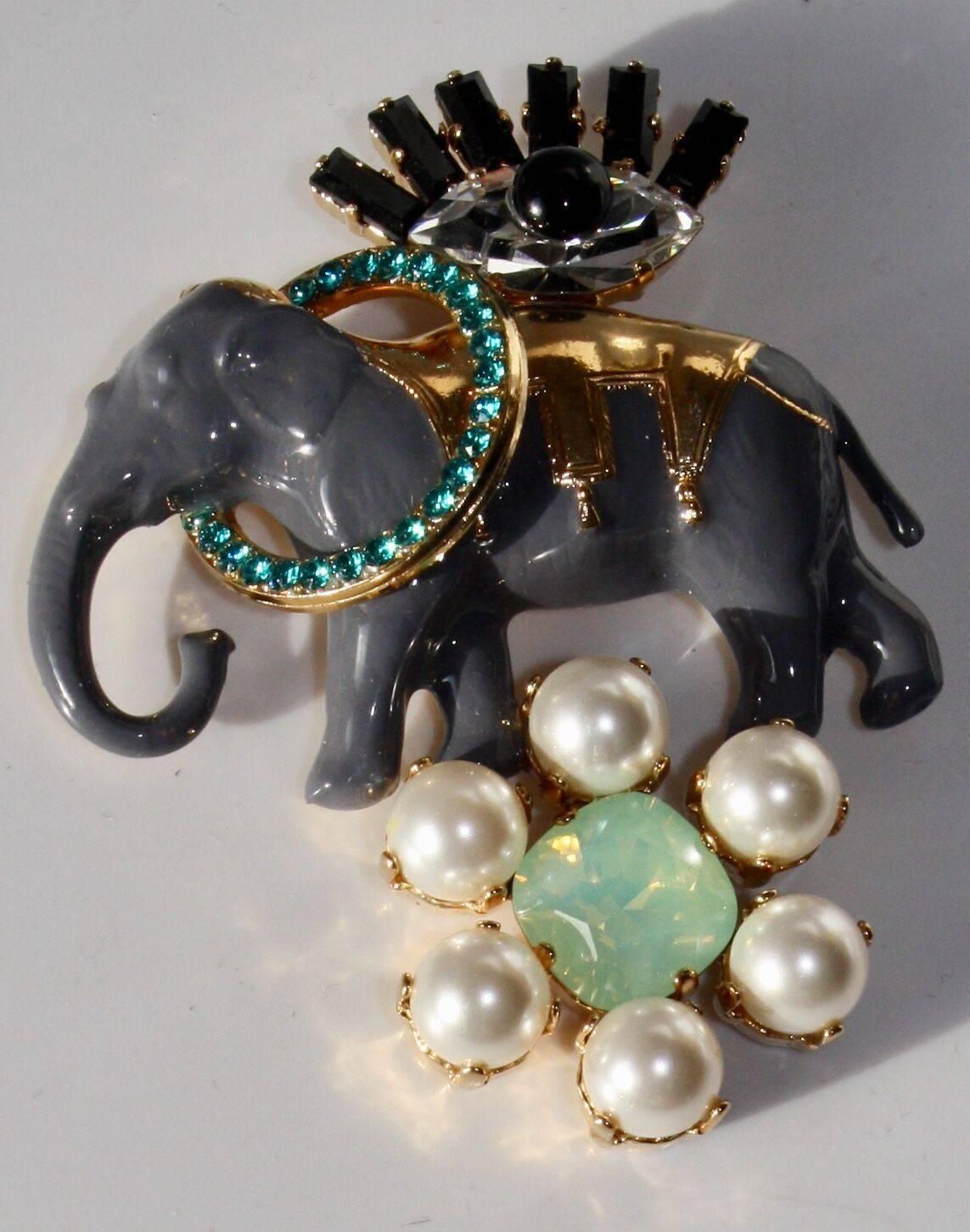 Swarovski crystal, glass pearl, and resin elephant pin from Philippe Ferrandis. 
