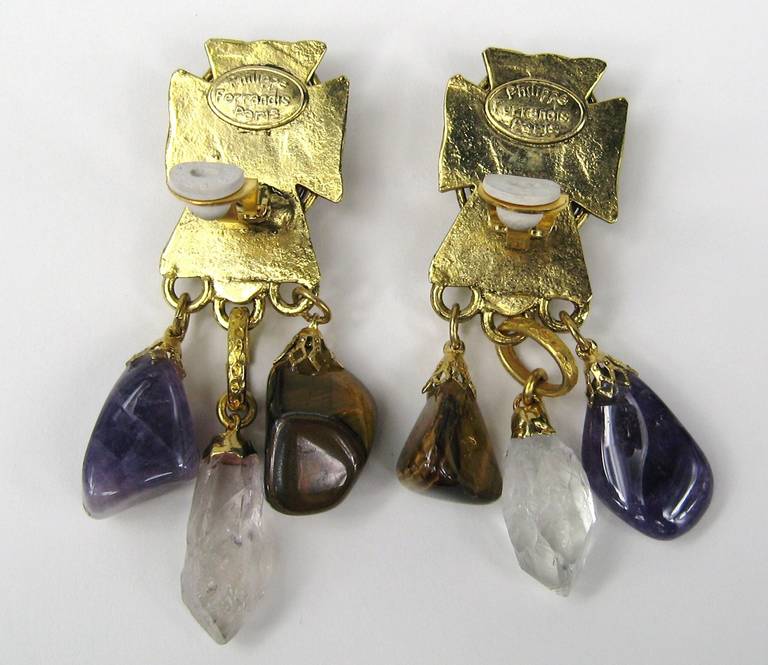 Philippe Ferrandis Multi Stone Dangle earrings Maltese Amethyst 1990s, New  For Sale 1