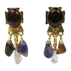 Philippe Ferrandis, boucles d'oreilles pendantes multi-pierres, améthyste de Malte 1990, neuve