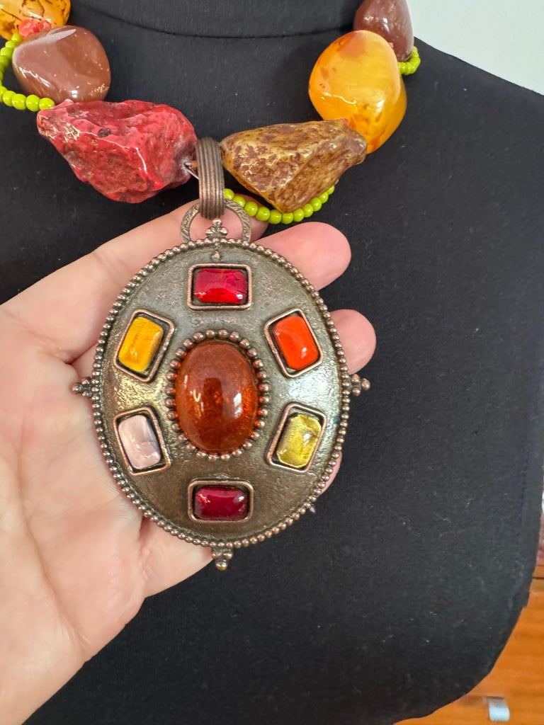 Philippe Ferrandis Necklace Bronze Gripoix Glass Amber Stone 1990s