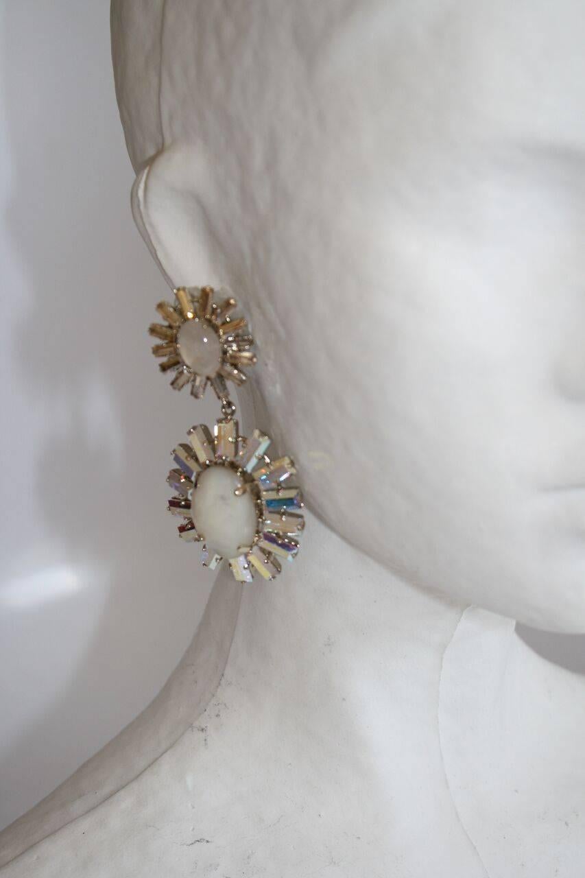 Philippe Ferrandis Opaline Glass Cabochon and Swarovski Crystal Clip Earrings In New Condition In Virginia Beach, VA