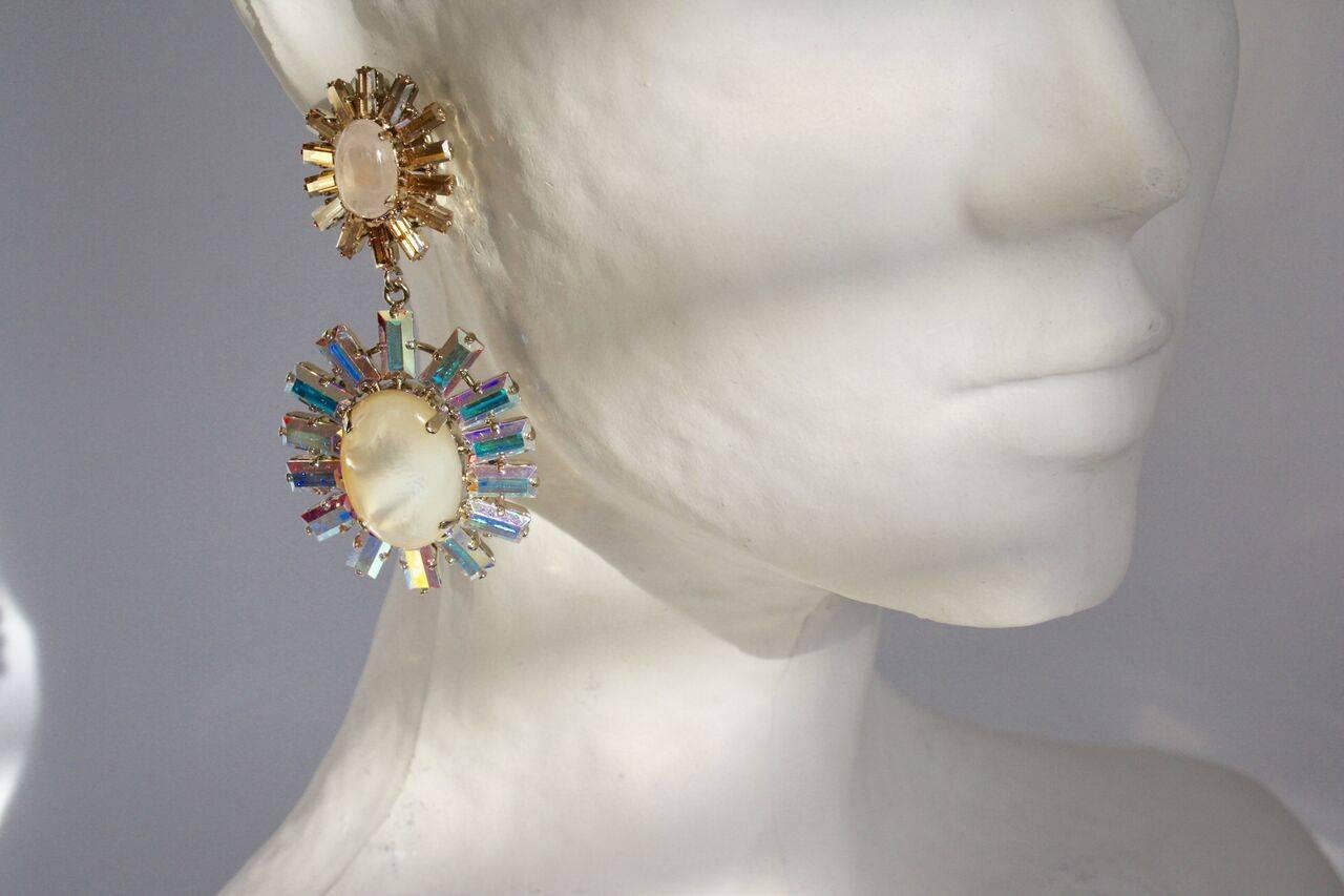 Women's or Men's Philippe Ferrandis Opaline Glass Cabochon and Swarovski Crystal Clip Earrings