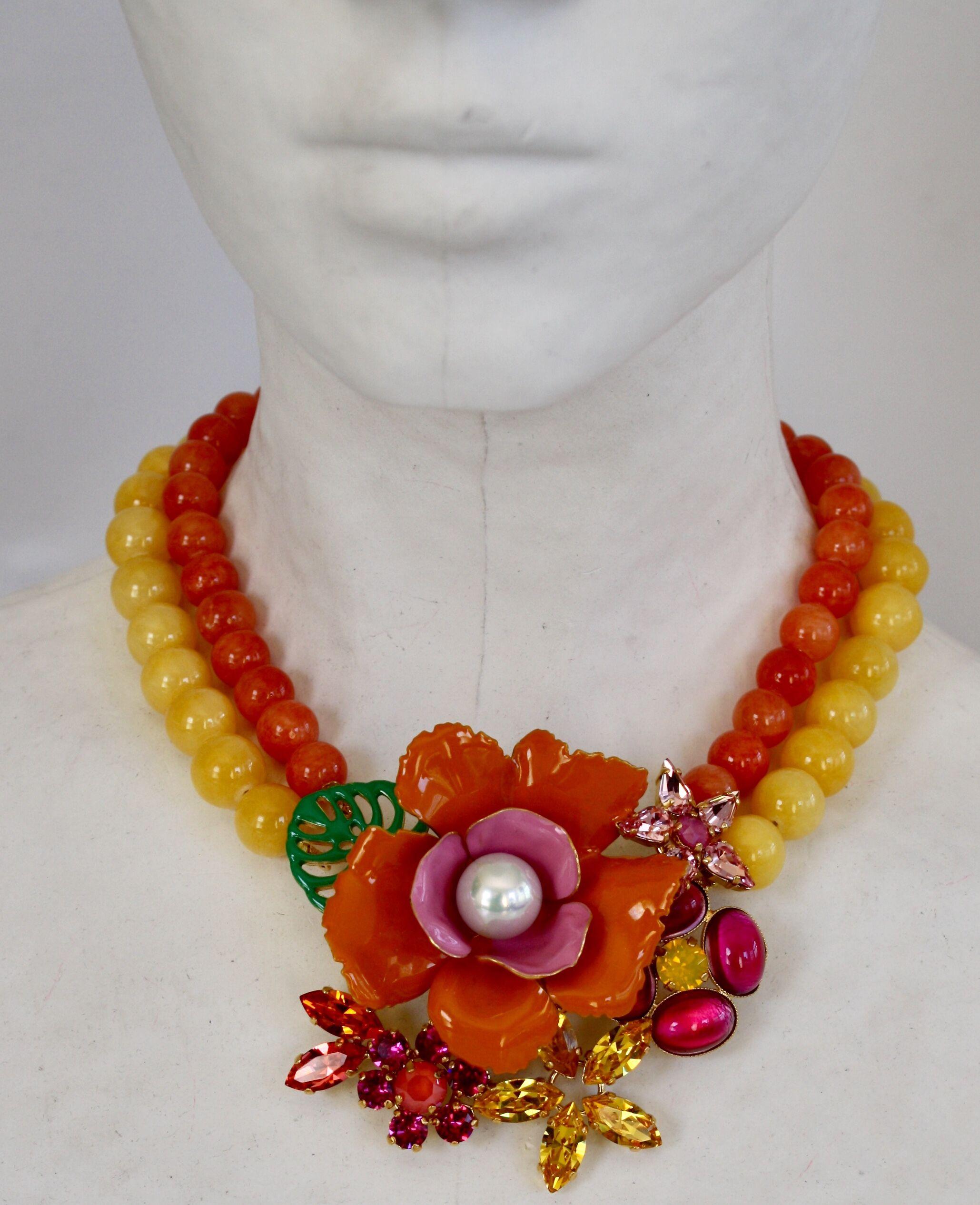 Philippe Ferrandis Orange and Yellow Floral Choker Necklace In New Condition In Virginia Beach, VA