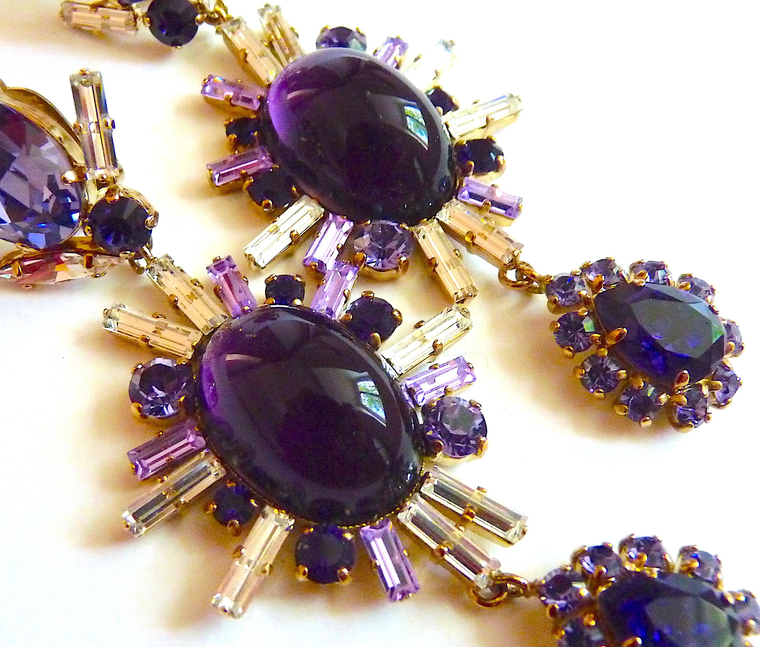 PHILIPPE FERRANDIS PARIS Ultra Long Drop Earrings, Silver Tone Metal and Amethyst and Deep Blue Poured Glass Cabochons, Deep Purple and Clear Facetted Glass Crystals

Signed P. Ferrandis at Back of each Clip

CONDITION : Mint Condition, never worn,