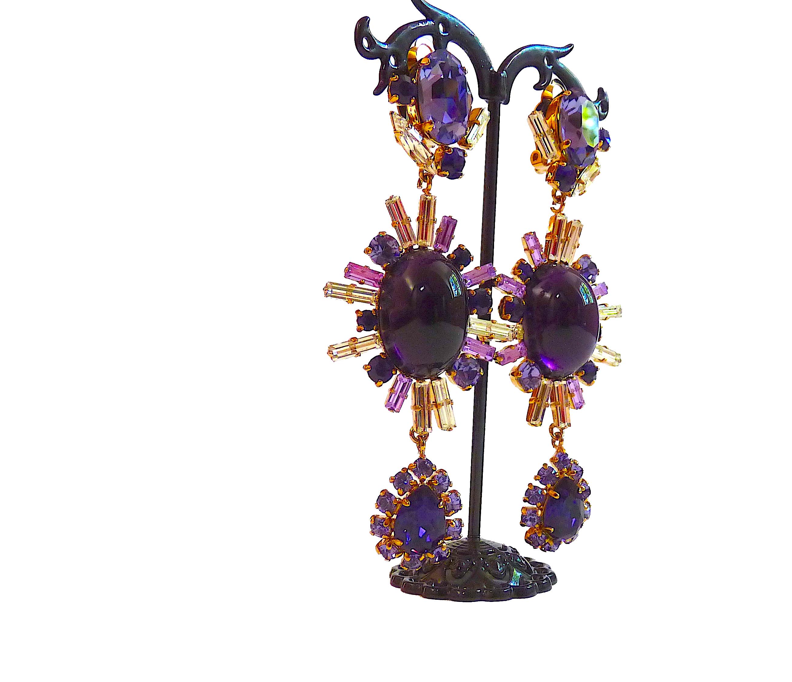 Women's PHILIPPE FERRANDIS PARIS Very Long Purple Crystal and Poured Glass Drop Earrings For Sale