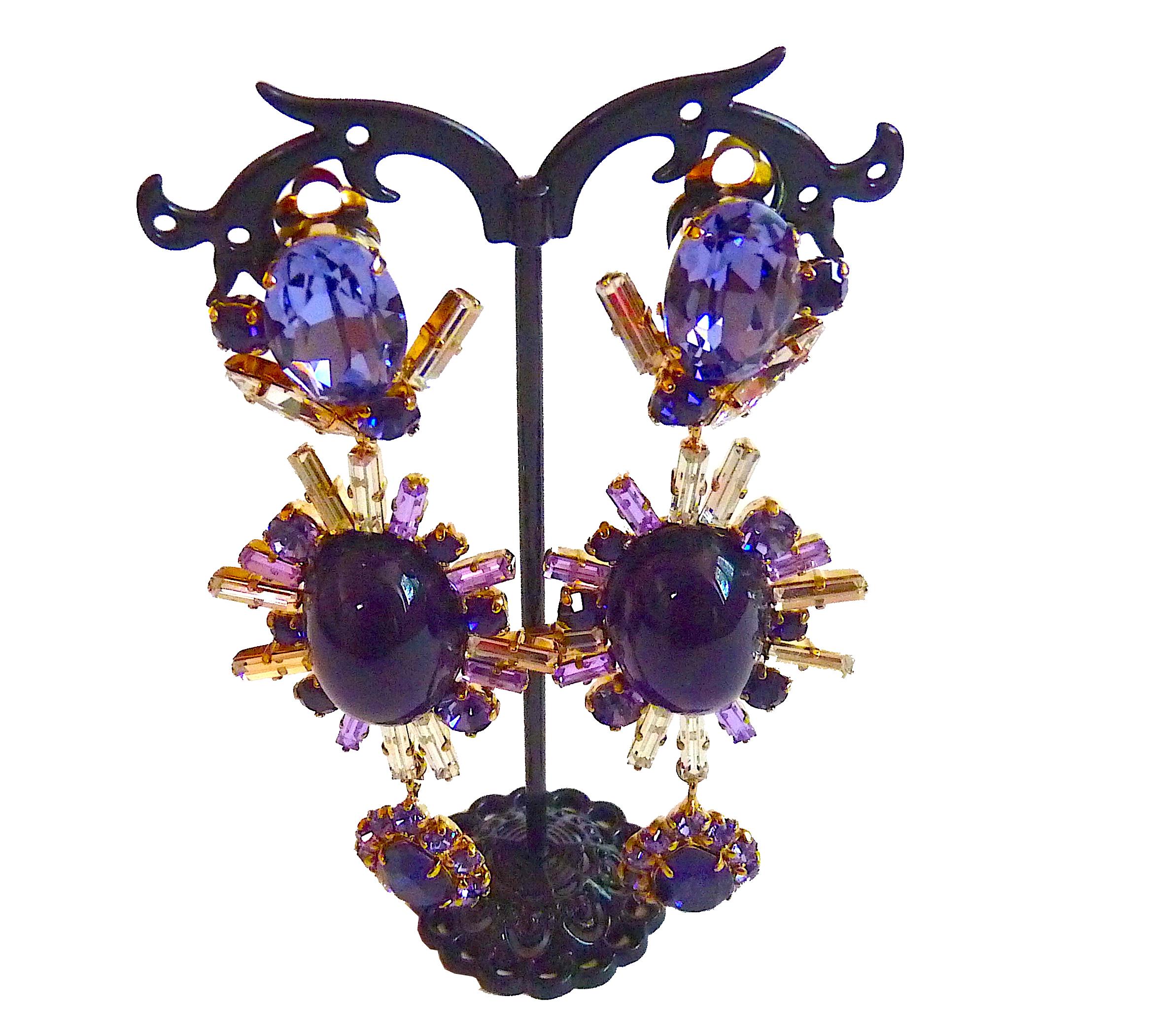 PHILIPPE FERRANDIS PARIS Very Long Purple Crystal and Poured Glass Drop Earrings For Sale 1