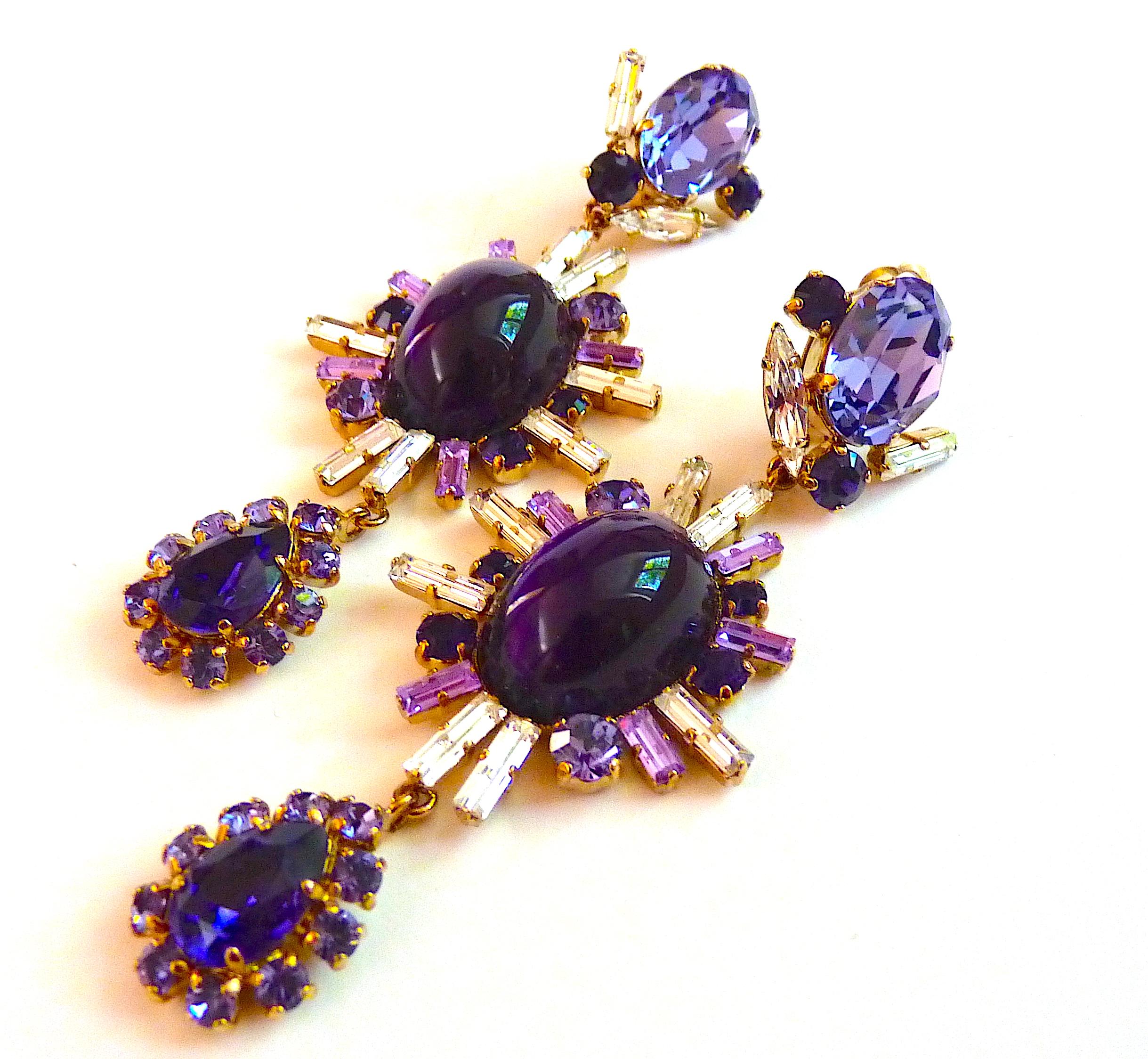 PHILIPPE FERRANDIS PARIS Very Long Purple Crystal and Poured Glass Drop Earrings For Sale 3