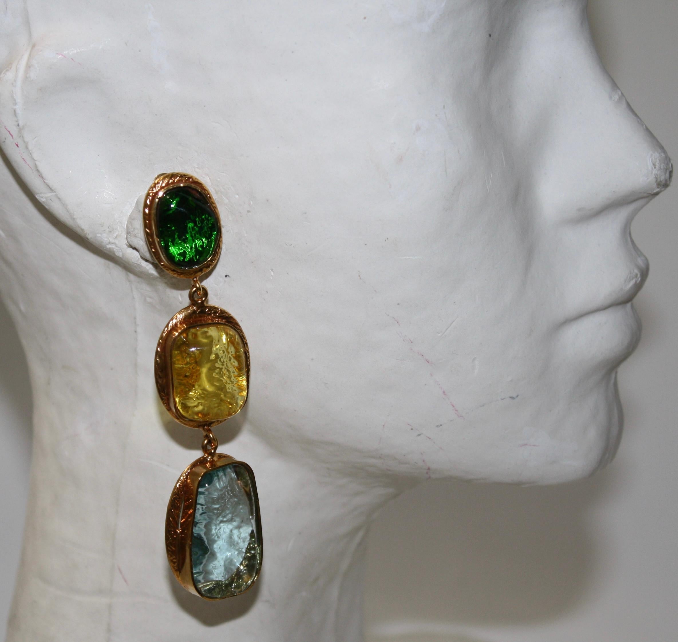 Clip earrings set on 24-carat gilded brass . Exquisite colors of Pate de verre of poured glass, a French process created  by the House of GRIPOIX.
