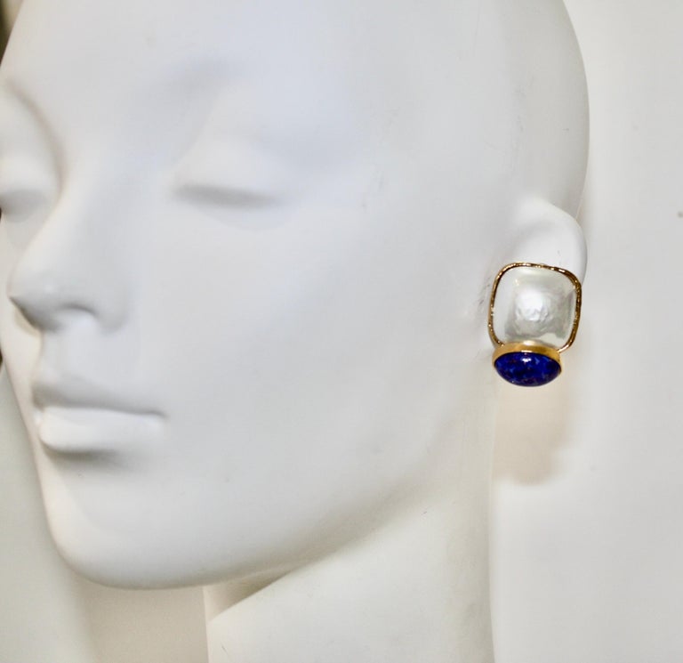 Contemporary Philippe Ferrandis Pearl and Lapis Lazuli Clip Earrings  For Sale