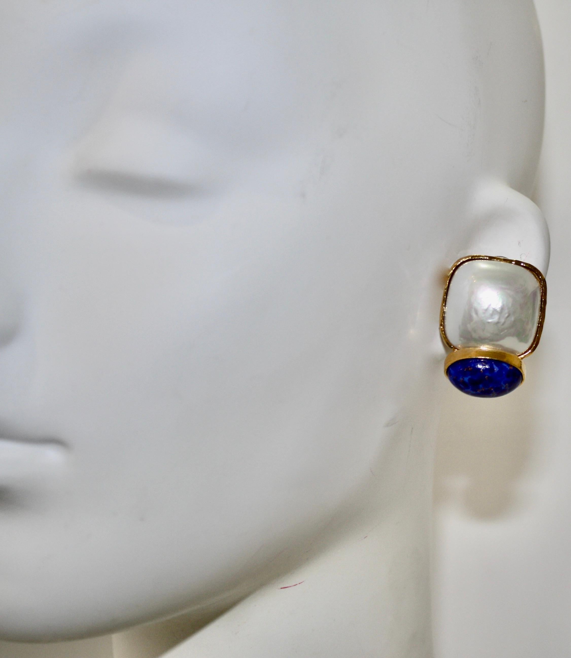 Philippe Ferrandis Pearl and Lapis Lazuli Clip Earrings  In New Condition In Virginia Beach, VA