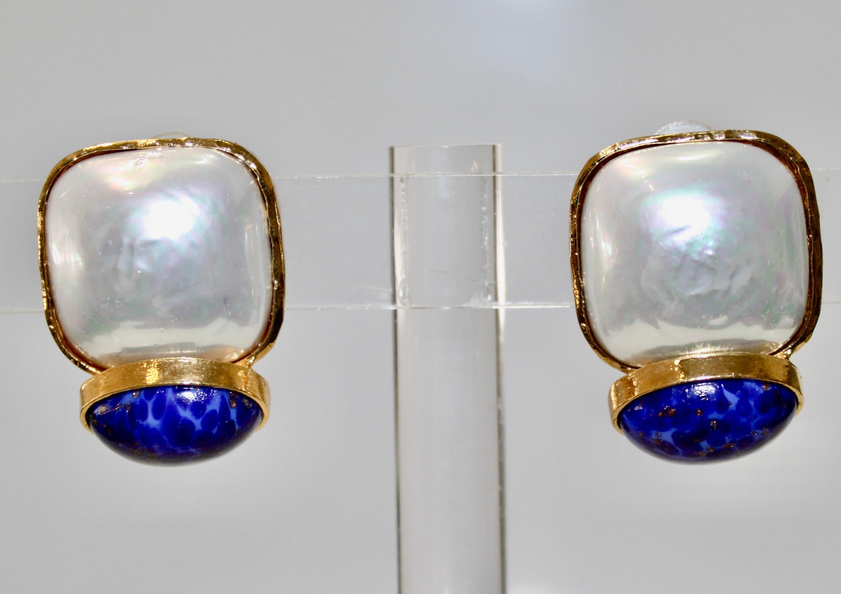 Women's or Men's Philippe Ferrandis Pearl and Lapis Lazuli Clip Earrings 