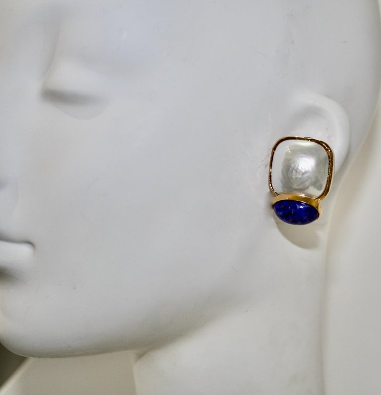 Philippe Ferrandis Pearl and Lapis Lazuli Clip Earrings  For Sale 1