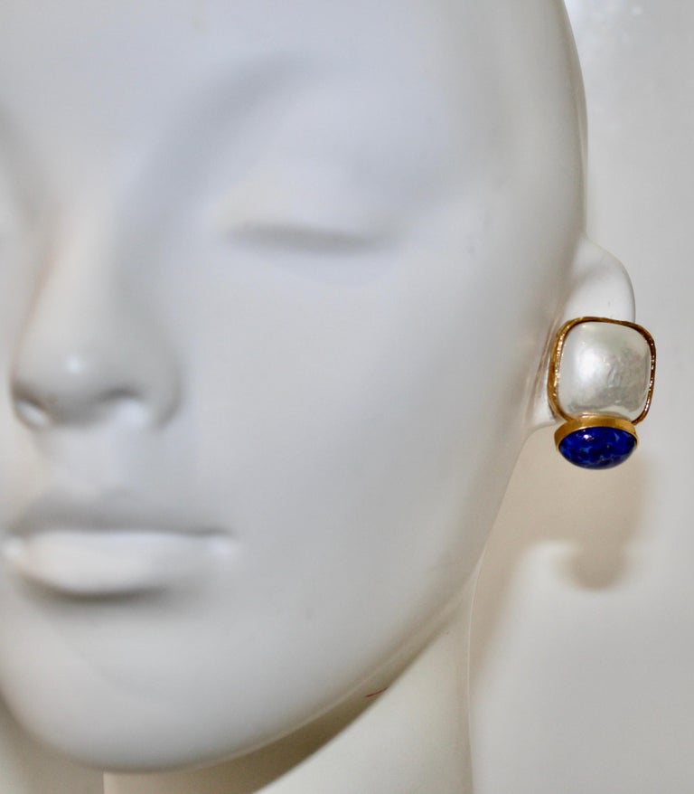 Philippe Ferrandis Pearl and Lapis Lazuli Clip Earrings  For Sale 2