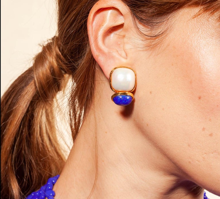 Philippe Ferrandis Pearl and Lapis Lazuli Clip Earrings  For Sale 3