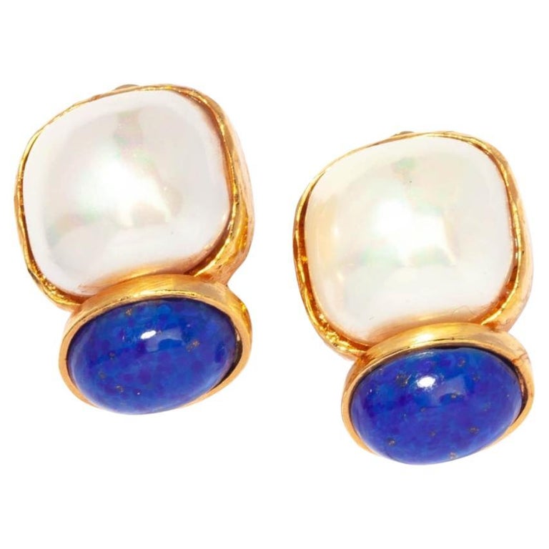 Philippe Ferrandis Pearl and Lapis Lazuli Clip Earrings  For Sale