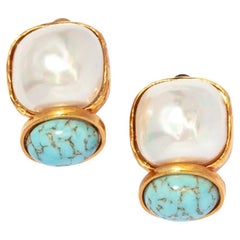 Philippe Ferrandis Pearl and Turquoise Clip Earrings 