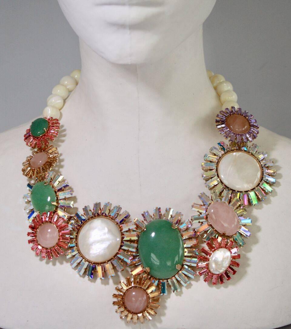 Philippe Ferrandis pink quartz, mother of pearl, and chrysoprase statement necklace. 