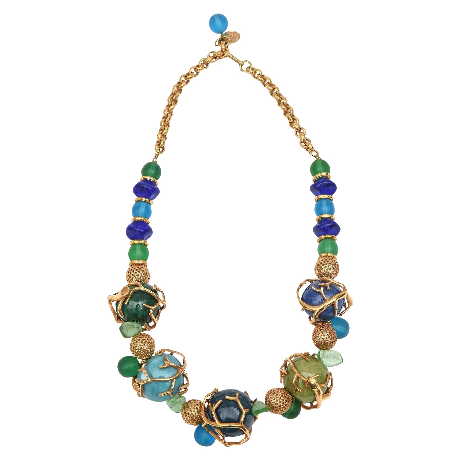 Philippe Ferrandis Collana di vetro, resina e perline placcate oro firmata Francese