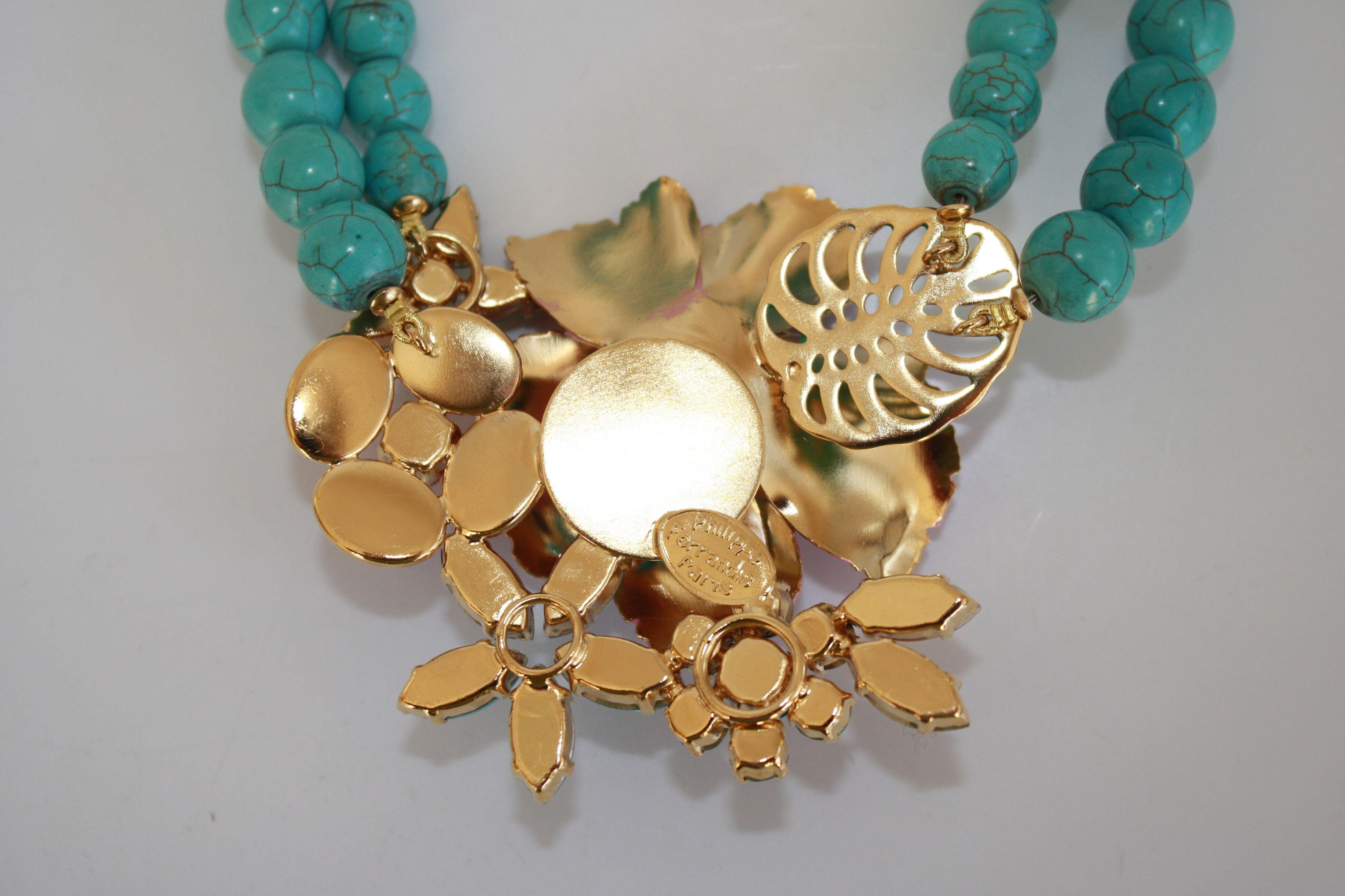 Philippe Ferrandis Small Turquoise Necklace with Enamel and Swarovski Crystals In New Condition In Virginia Beach, VA