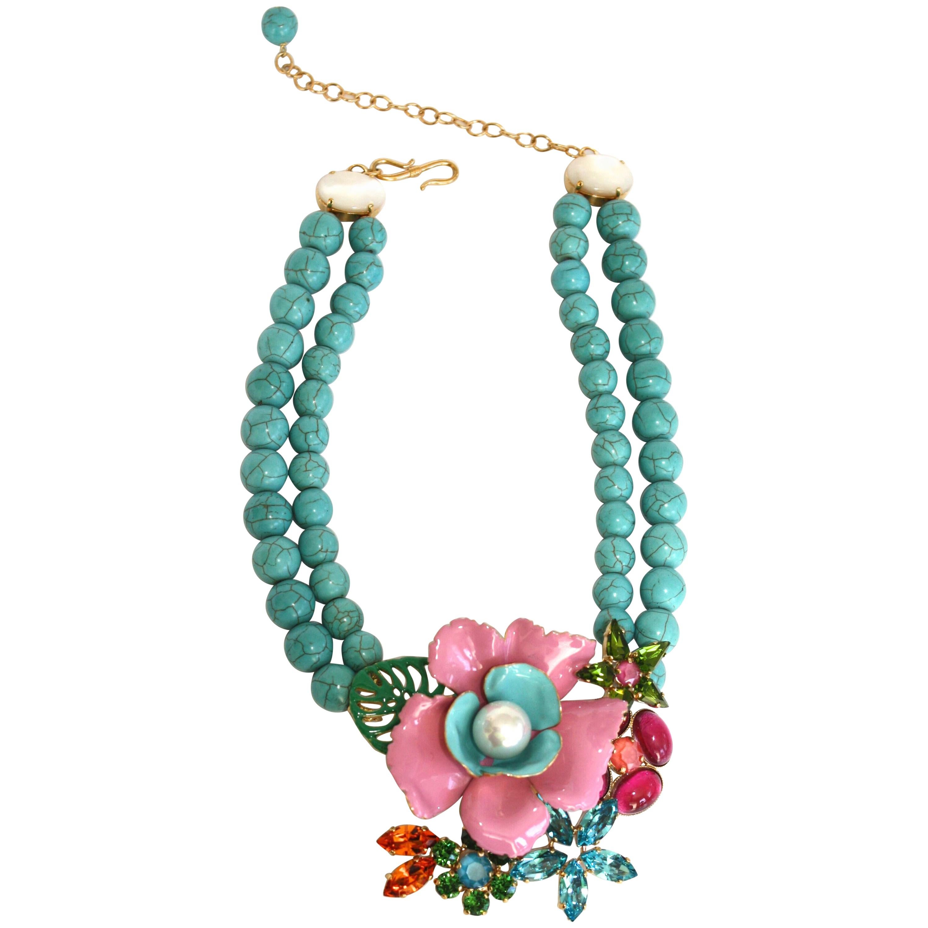 Philippe Ferrandis Small Turquoise Necklace with Enamel and Swarovski Crystals