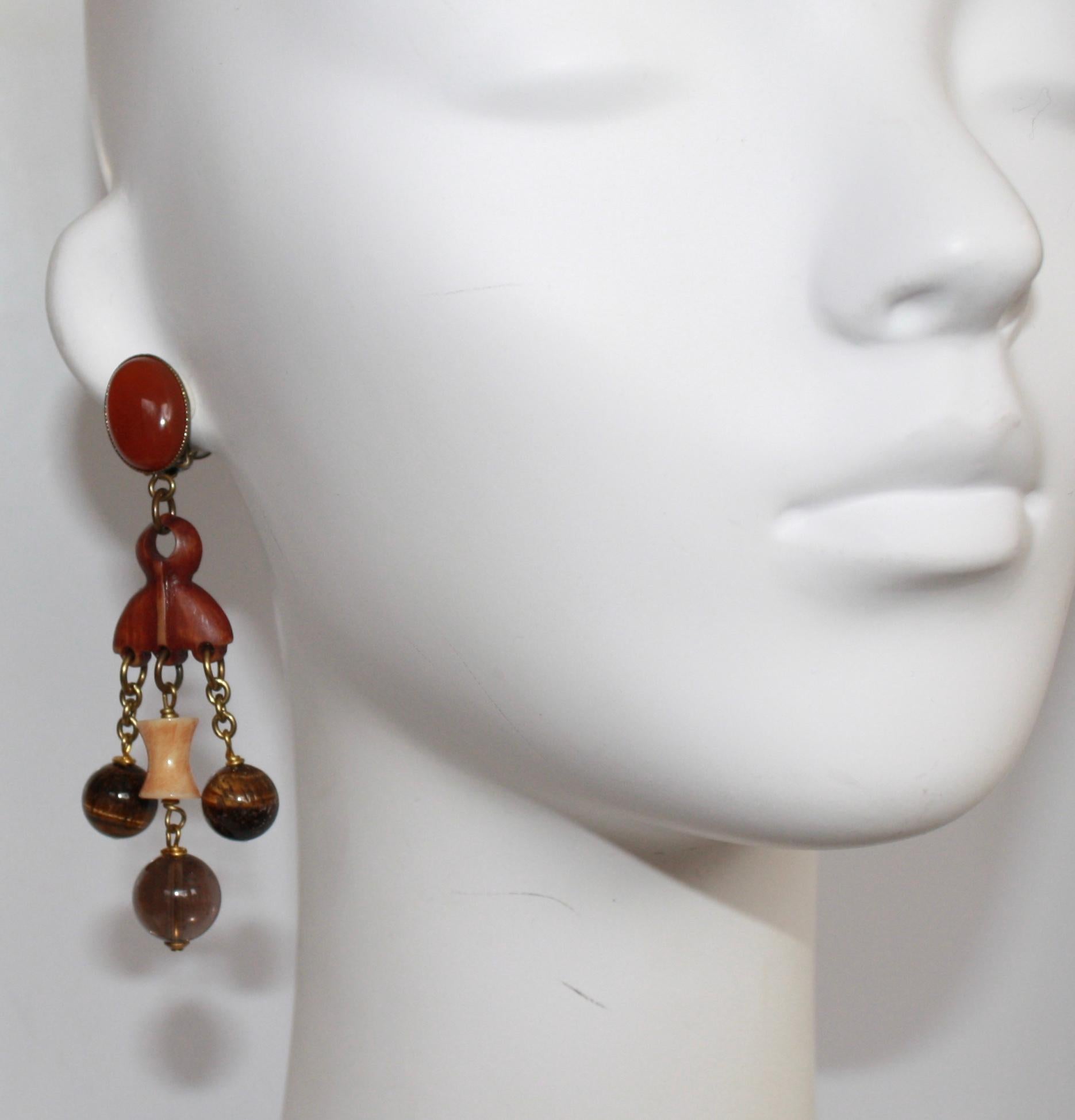 Handmade glass cabochons, wood, rhodium metal. Clip earrings