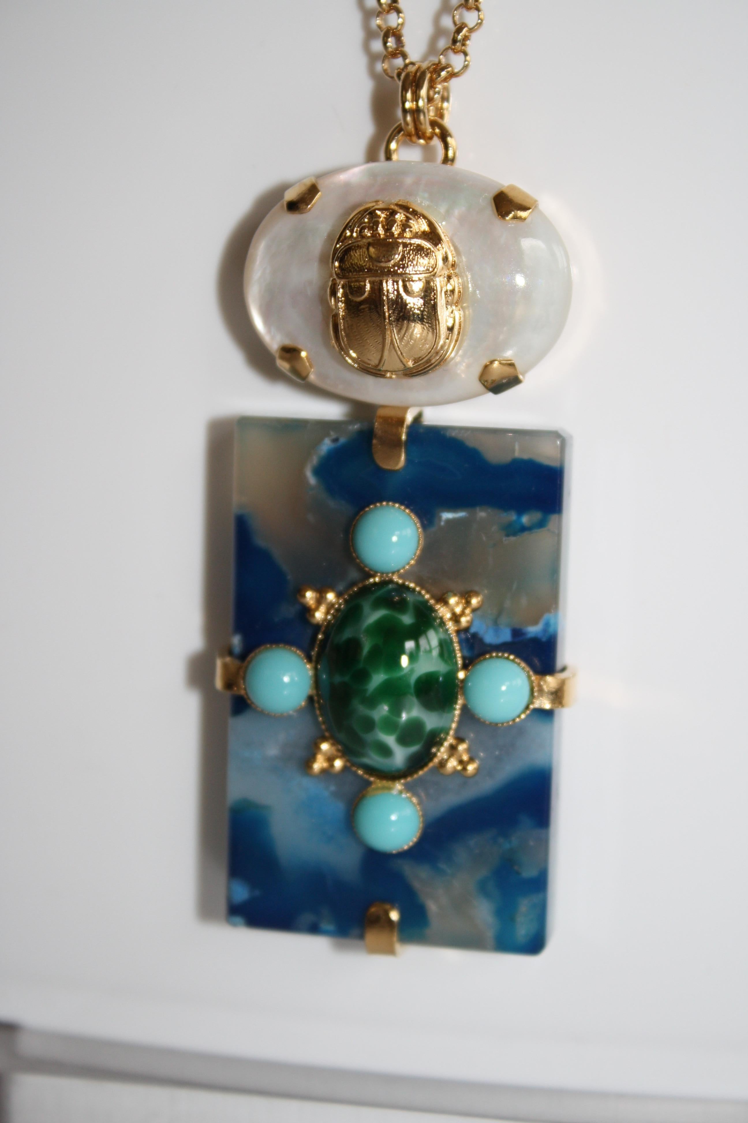 Philippe Ferrandis Turquoise, Lapis, and Mother of Pearl Long Chain Necklace In New Condition In Virginia Beach, VA