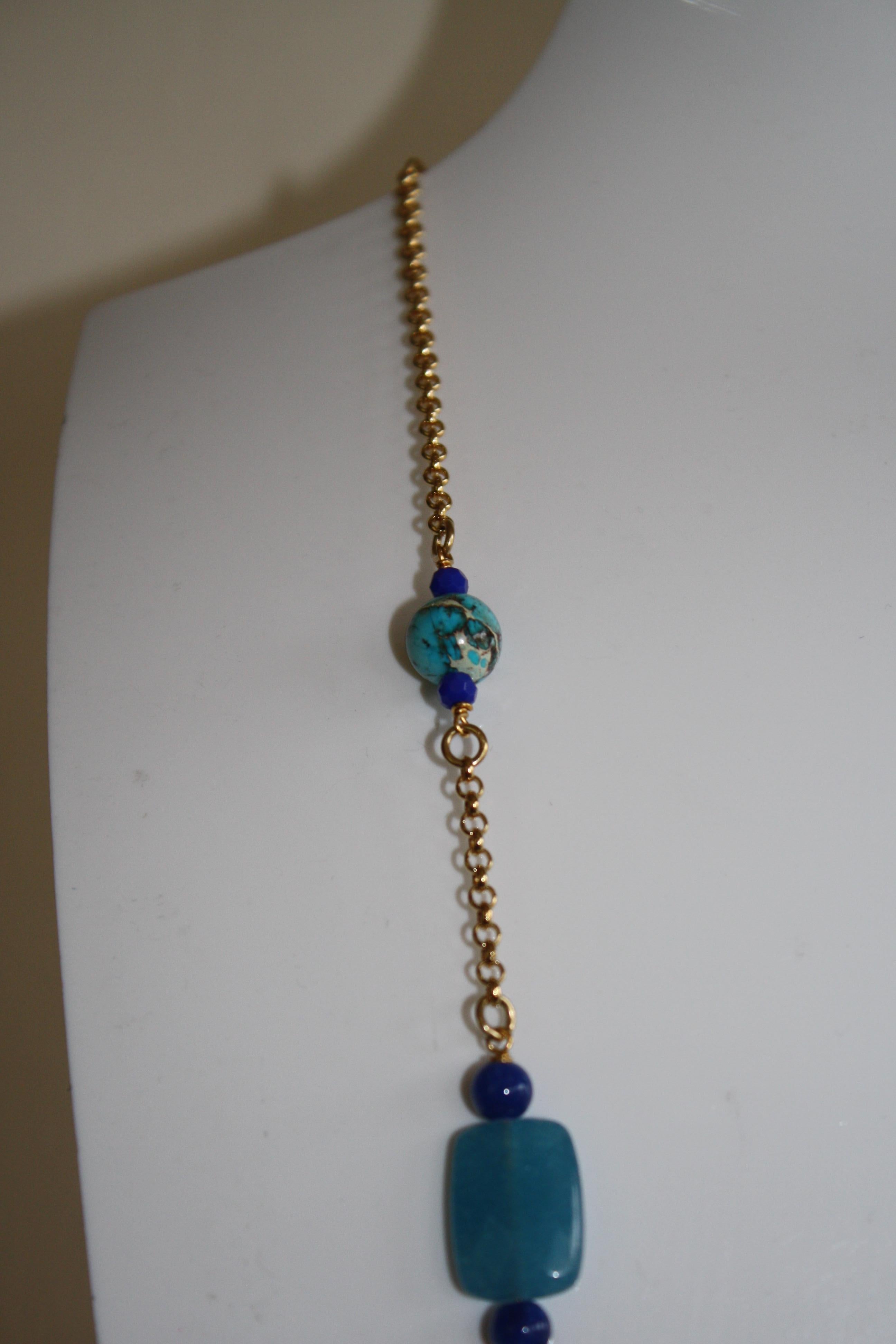 Women's or Men's Philippe Ferrandis Turquoise, Lapis, and Mother of Pearl Long Chain Necklace